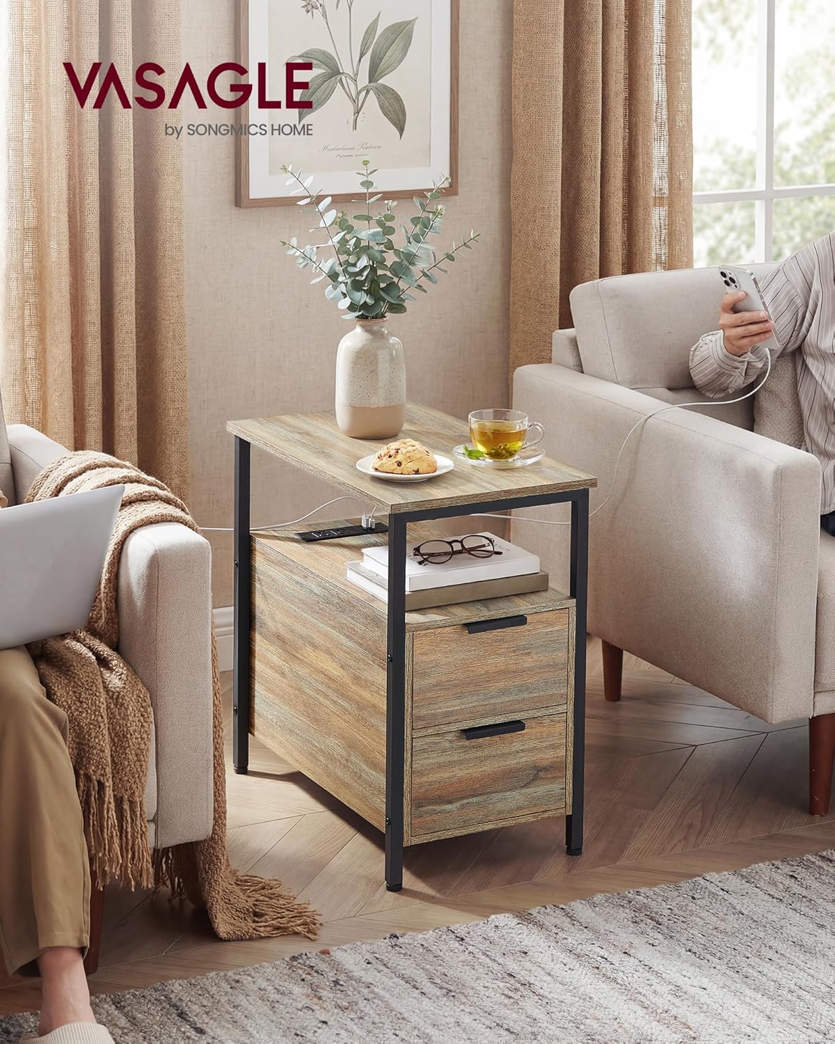 vasagle side end table with charging station, slim nightstand with 2 drawers, narrow bedside table for living room, small spaces, turquoise brown and ink black ulet321b60v1s turquoise brown + ink black 11.8"w