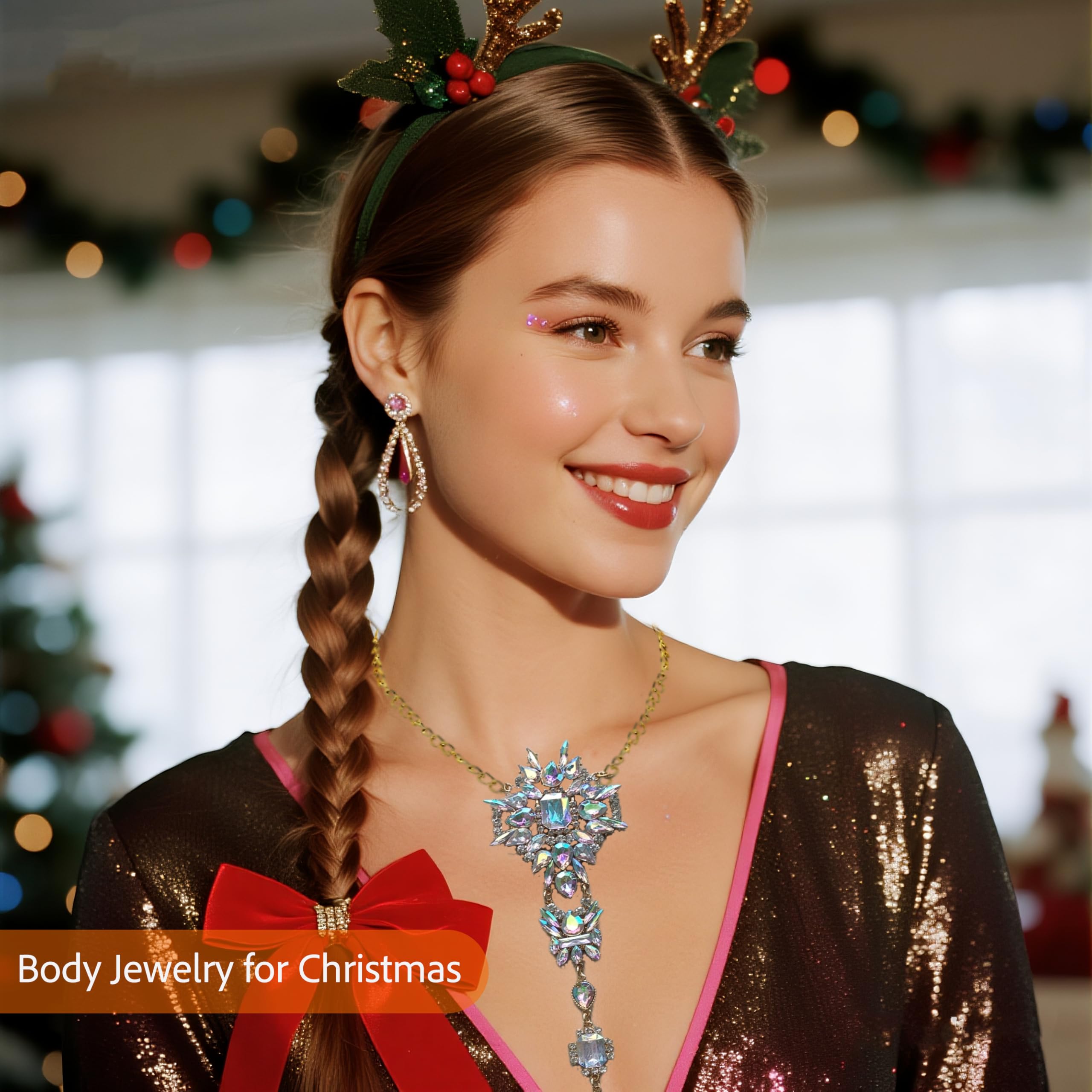 NABROJ Gold Body Chain Costume Jewelry Easter Spring Gifts for Women, Rhinestone Decorated Chest & Waist Chain, Elegant Gold Body Jewelry, Women’s Party Accessories: STL01 Crystal