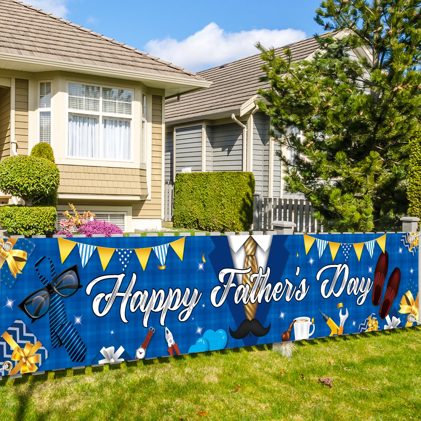 Happy Fathers Day Decorations- Happy Father Day Large Blue Necktie Banner Yard Sign for Family Celebrate Fathers Day Party Supplies (Banner)