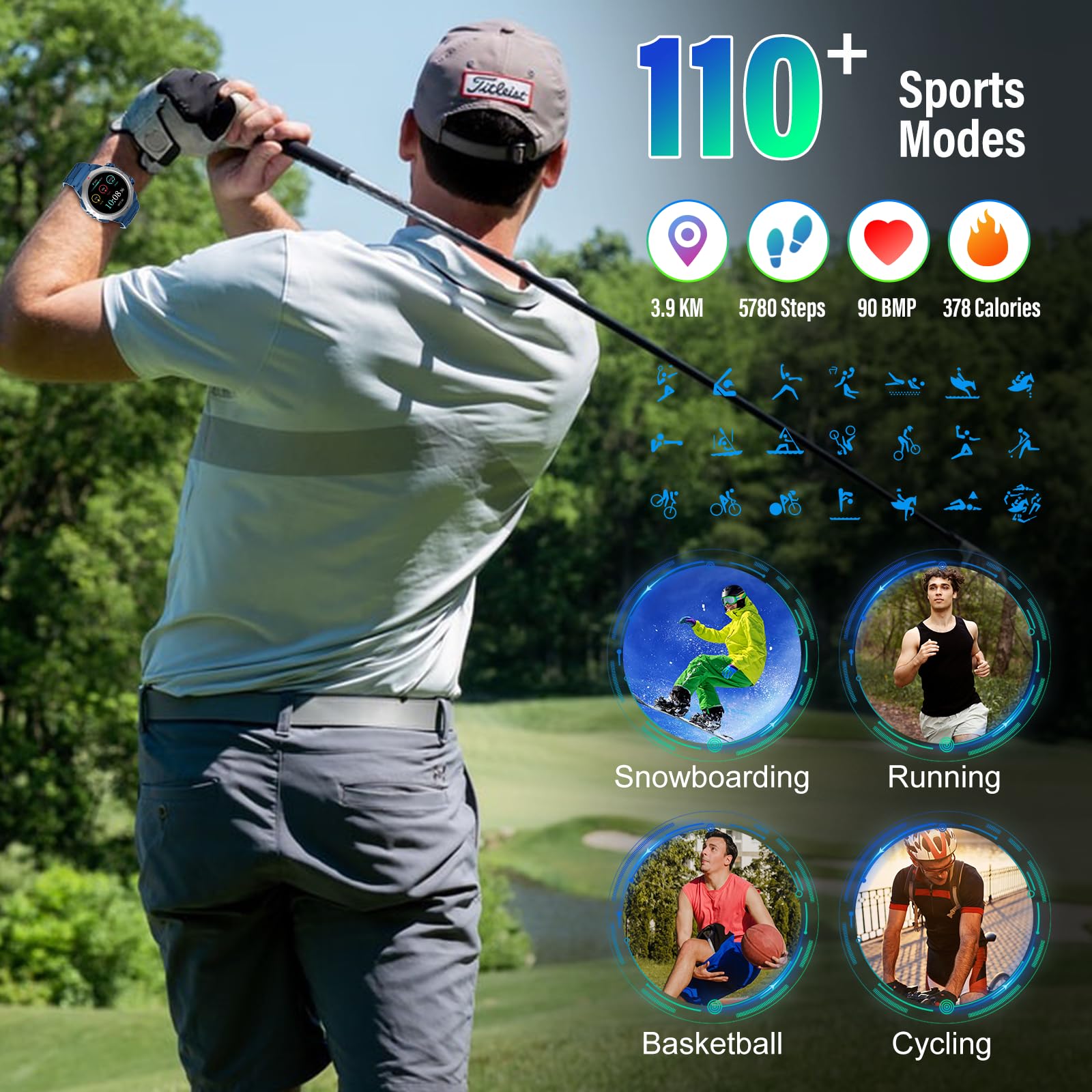 Qecnato Smartwatch Uomo Militare, 1.39" HD Orologio Smart watch con Chiamate Bluetooth, Tracker Attività con Sonno/Cardiofrequenzimetro, 110+ Modalità Sportive, IP68 Impermeabile per Android iOS, Blu