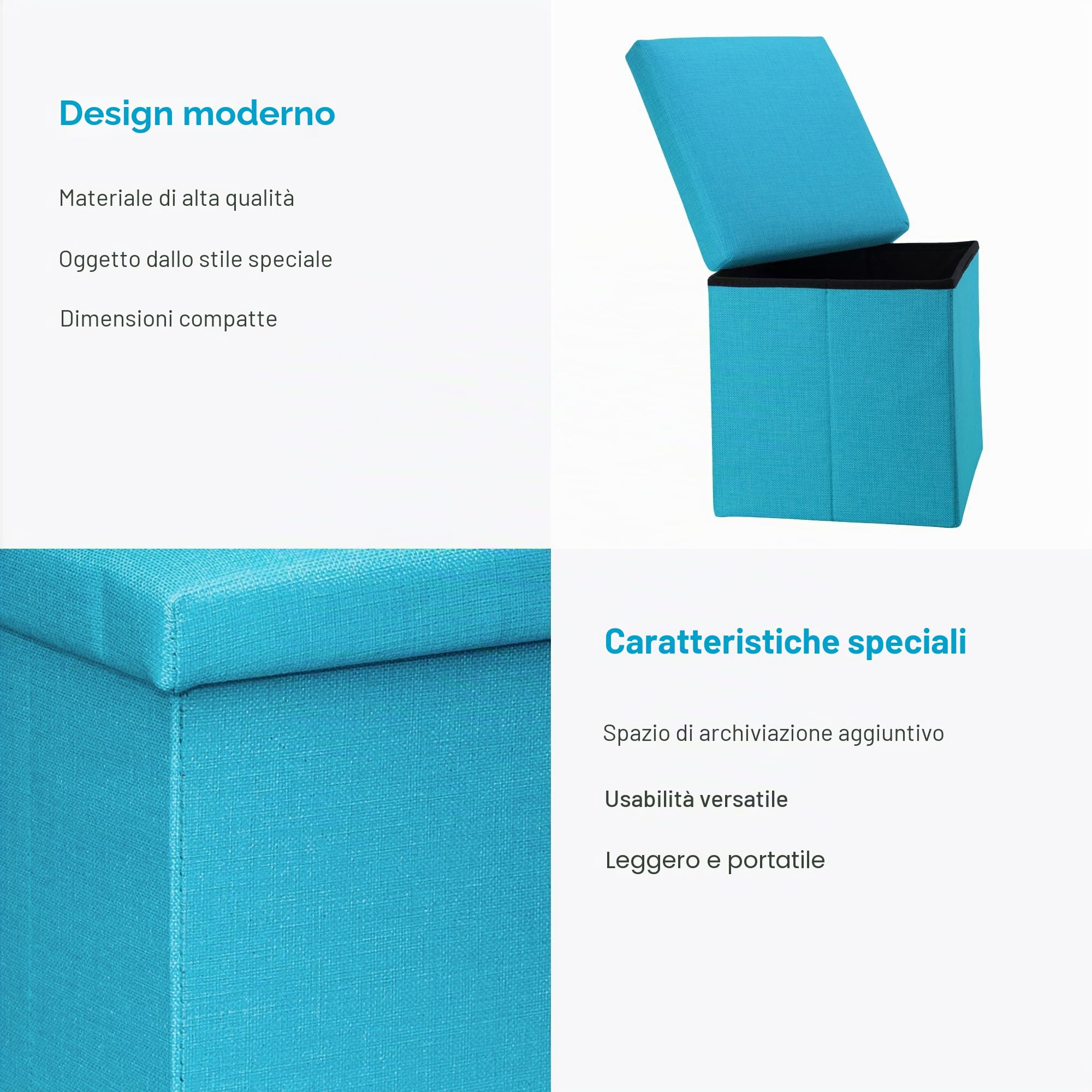 INTIRILIFE Pouf Pieghevole 30x30x30 cm in Blu Celeste - Cassapanca Cubo Contenitore Imbottito de Tessuto a l'Ottica Lino con Coperchio - Ottomane Poggapiedi Sgabello Panca Poltrona