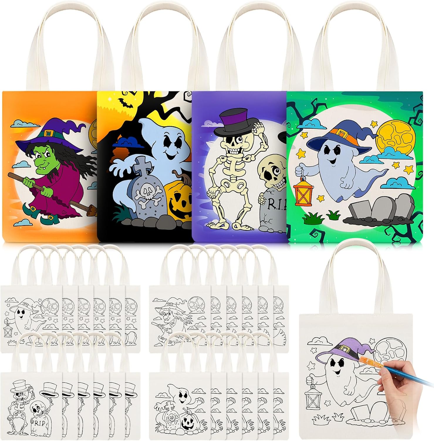 Amylove 24 Pcs Halloween Coloring Goodie Bags for Kids 8 x 8.5 Inch Canvas Color Your Own Tote Bag Reusable Halloween Ghost Skeleton DIY Painting Crafts School Classroom Birthday Party Favor