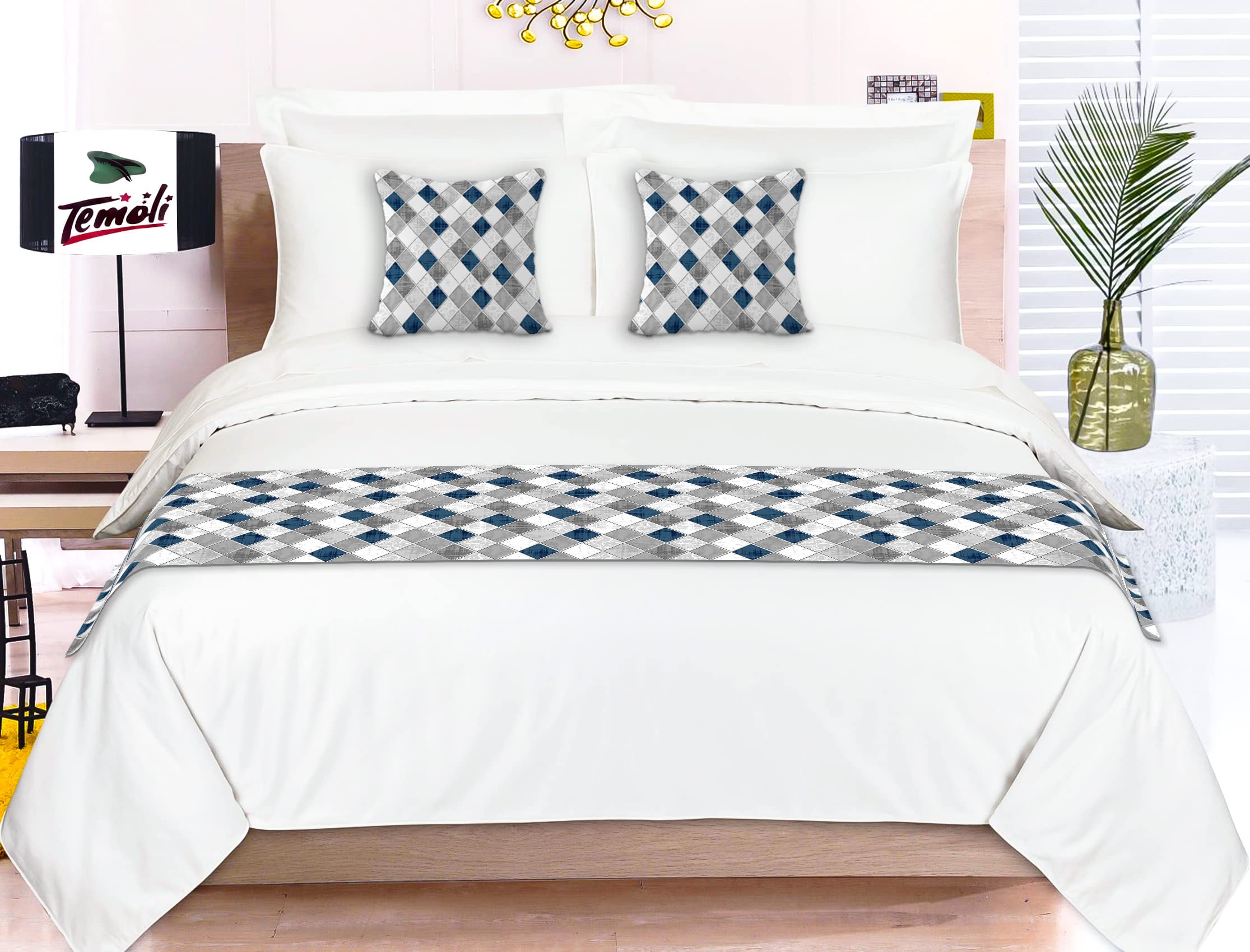 temoli Temoli® Bed Runner with Reversible Cushion Cover Decorative Scarf for Bedroom Hotel Wedding Room 18x90 in, 16x16 in. (Boxes-Multi)-picture-22