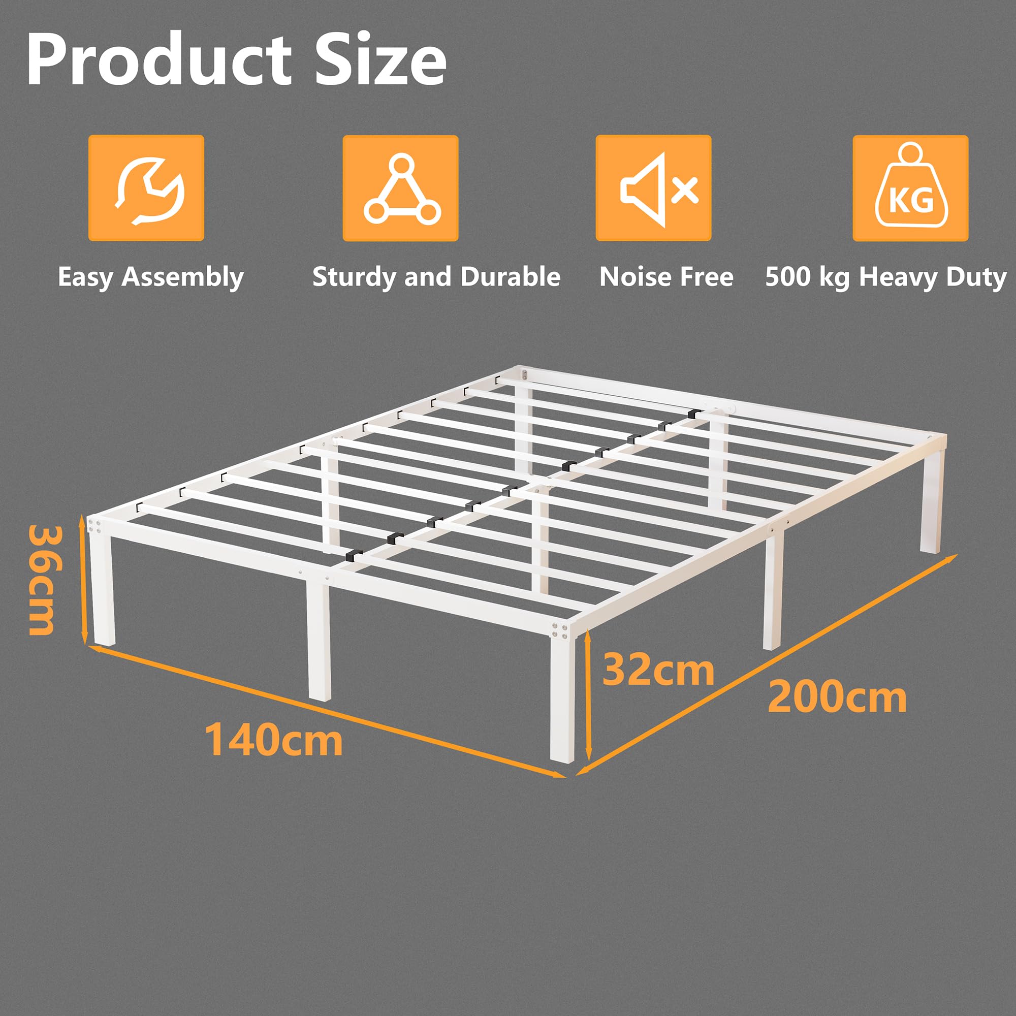 Cama con plataforma de metal, marco de cama de 140 x 200 cm, cama de metal con somier de láminas de metal, moderna cama de metal para adultos, niños, adolescentes, fácil montaje, cama doble