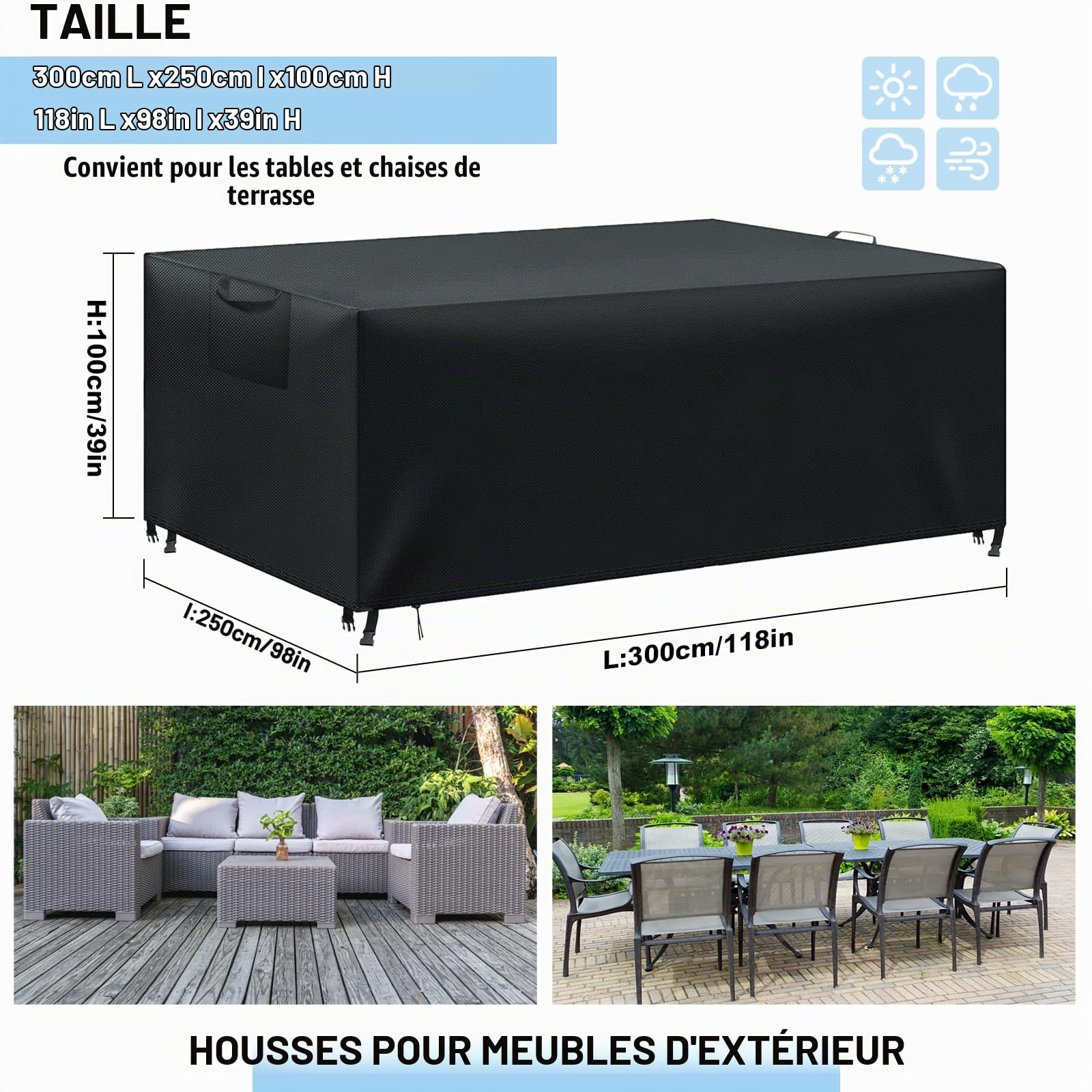 Housse Salon de Jardin, Housse Exterieur Imperméable Anti-UV 420D Tissu Oxford, Noir 300x250x100 cm