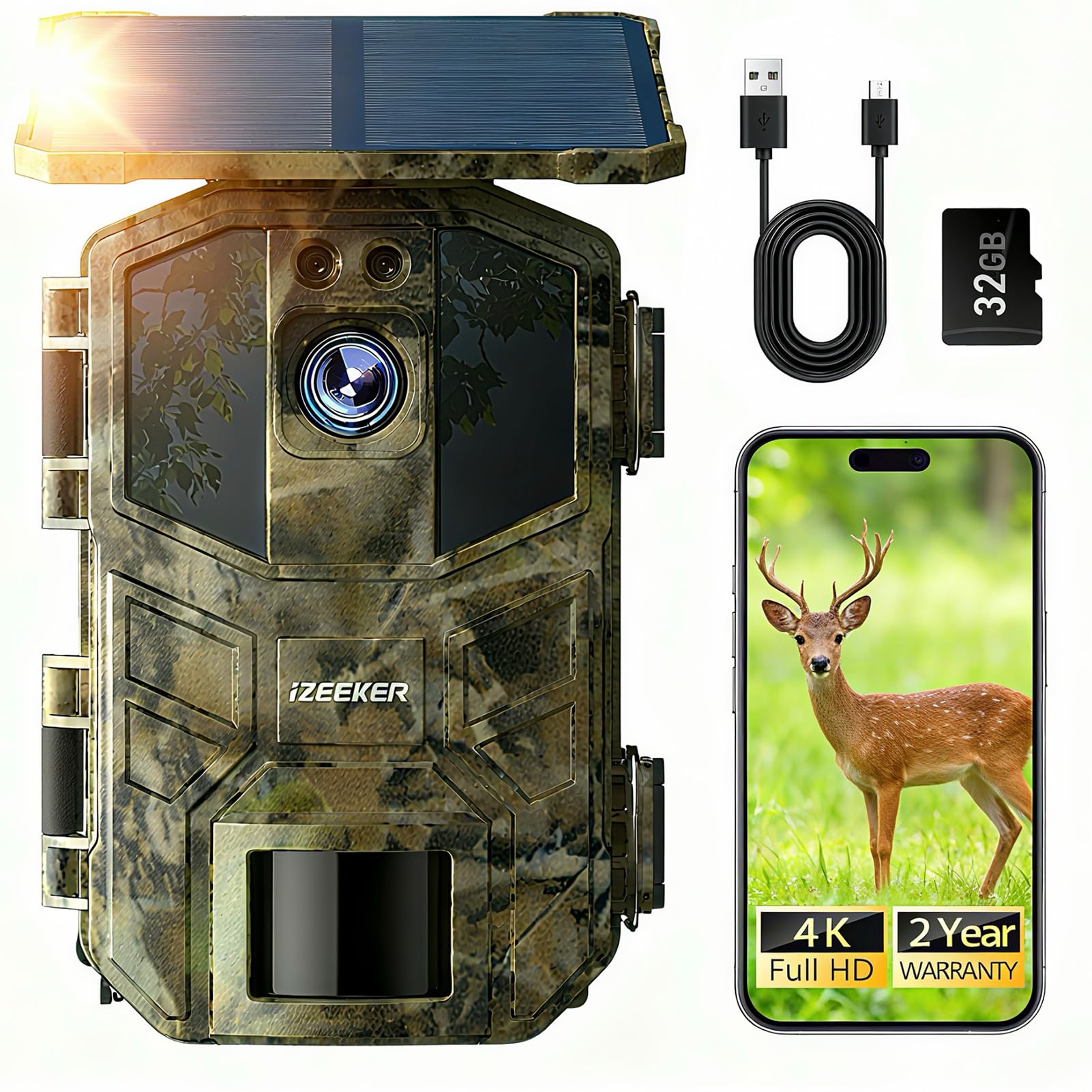 iZEEKER Fototrappola App, 4K UHD 64MP Solare Fotocamera Caccia con Scheda SD 32GB & Batteria Ricaricabile da 5200mAh, WiFi Bluetooth, Visione Notturna, Impermeabile IP66 per Monitoraggio Fauna