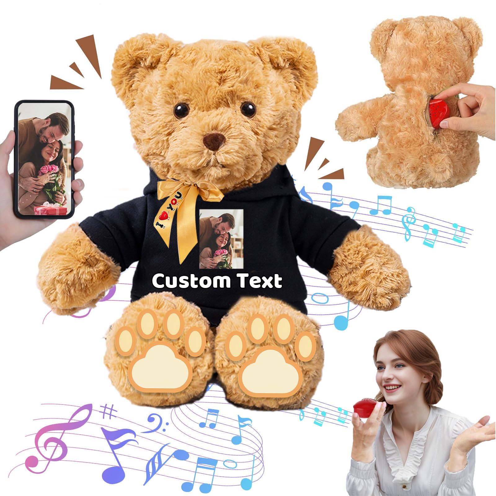 FAHOXUMR Personalised Bear Plush Toy with Voice Recorder, Unisex, Teddy Bear, Personalised Plush Toy, Valentines Day, Christmas, Birthday Gift