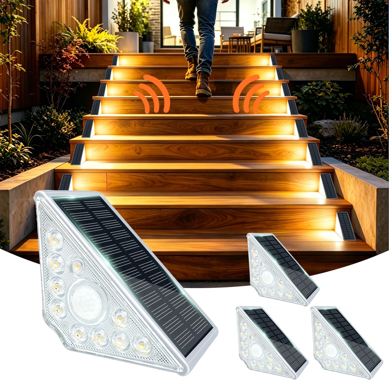 4er-Set Solar Treppenbeleuchtung Aussen mit Bewegungsmelder, 14LEDS Warmweiß Licht Solar Stufenleuchten Außen IP67 Wasserdicht für Boden Veranda Dekor Hof Pfad Garten Gehwege