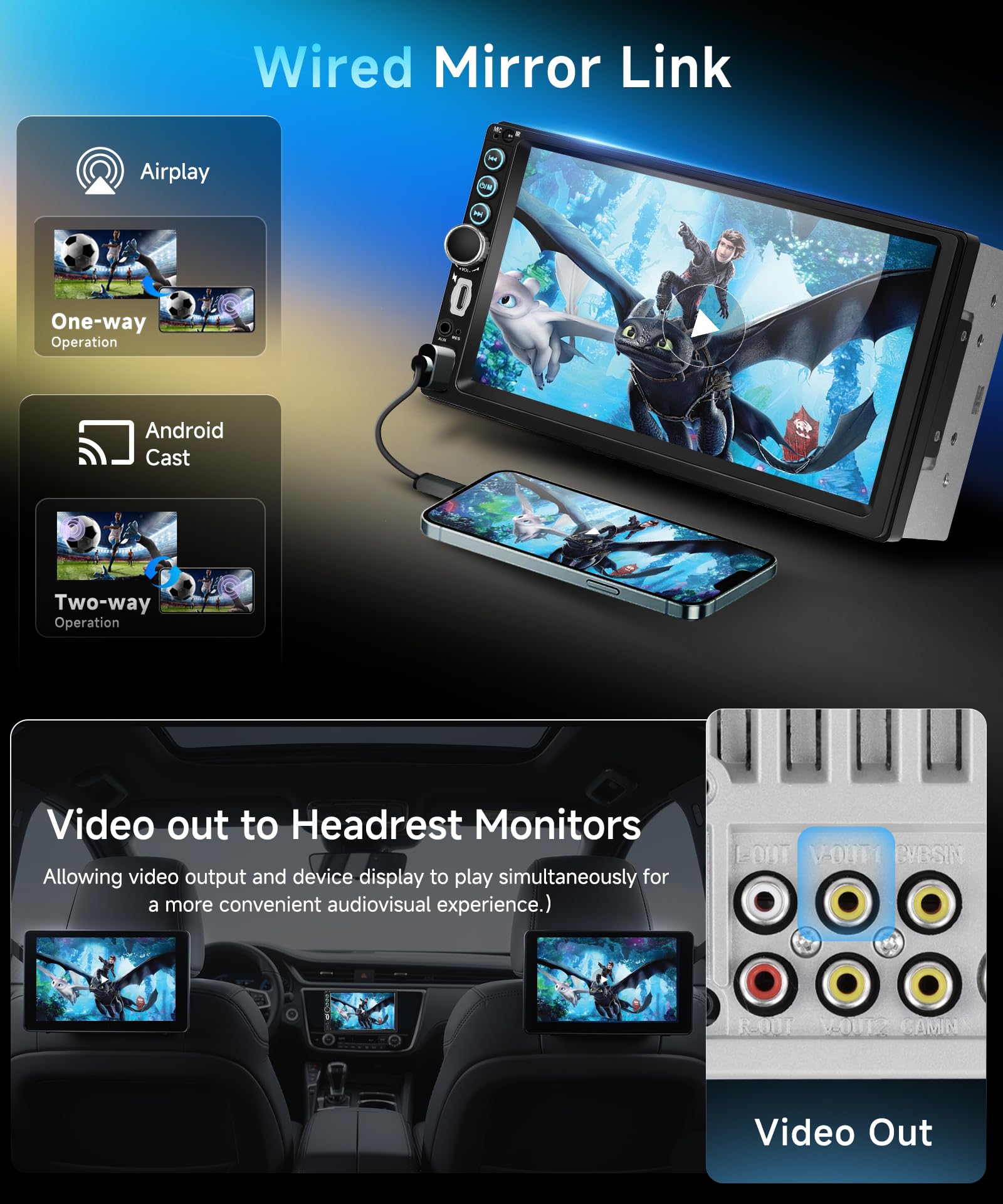VECHTEL Radio samochodowe 7" 2 DIN z bezprzewodową funkcją CarPlay, Android Auto, radio FM z Bluetooth, nawigacja GPS, 2 porty USB/SD/AUX, lustro, ekran dotykowy IPS z tylną kamerą i elementami