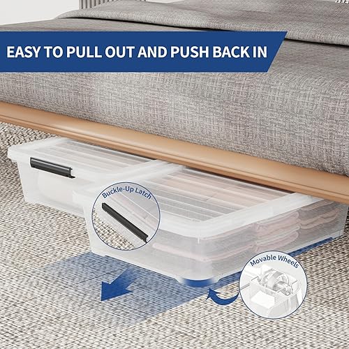 Miniatura 3 de Paquete de 40 cuartos de galón de plástico para debajo de la cama, contenedor organizador con tapas seguras y ruedas duraderas, transparente
