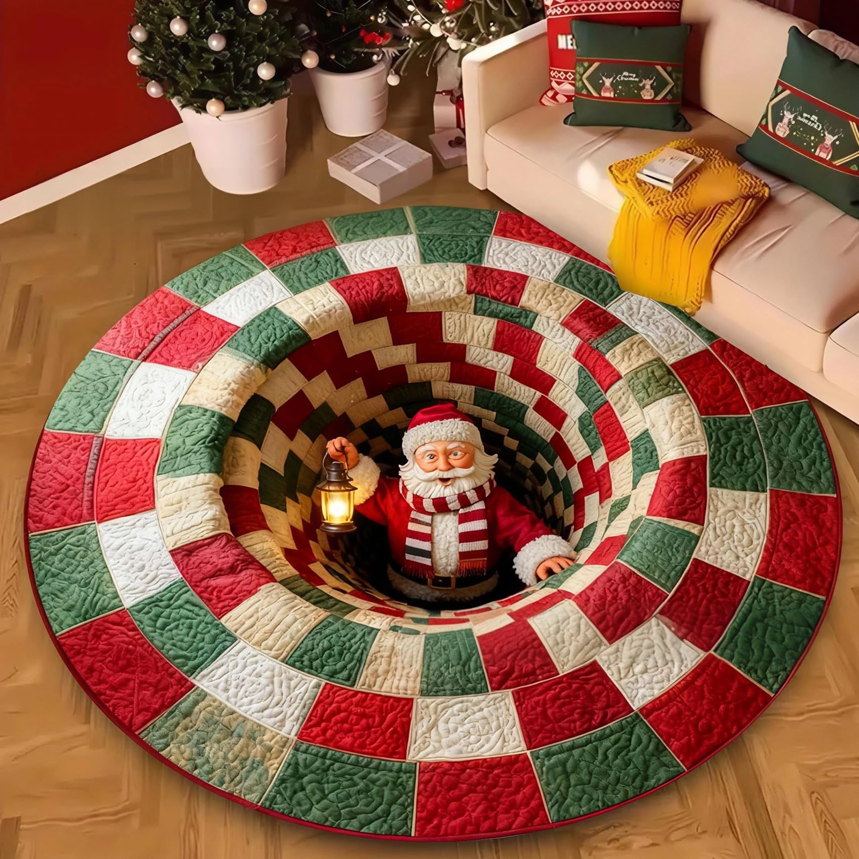 N,40*40,Christmas Decorations 3D Rug, Xmas Optical Illusion Rugs,Santa Claus Quilted Round Mat,Exquisite Non-Slip Rugs with Depth Pattern for Holiday Entryway Living Room Bedroom Christmas Decor
