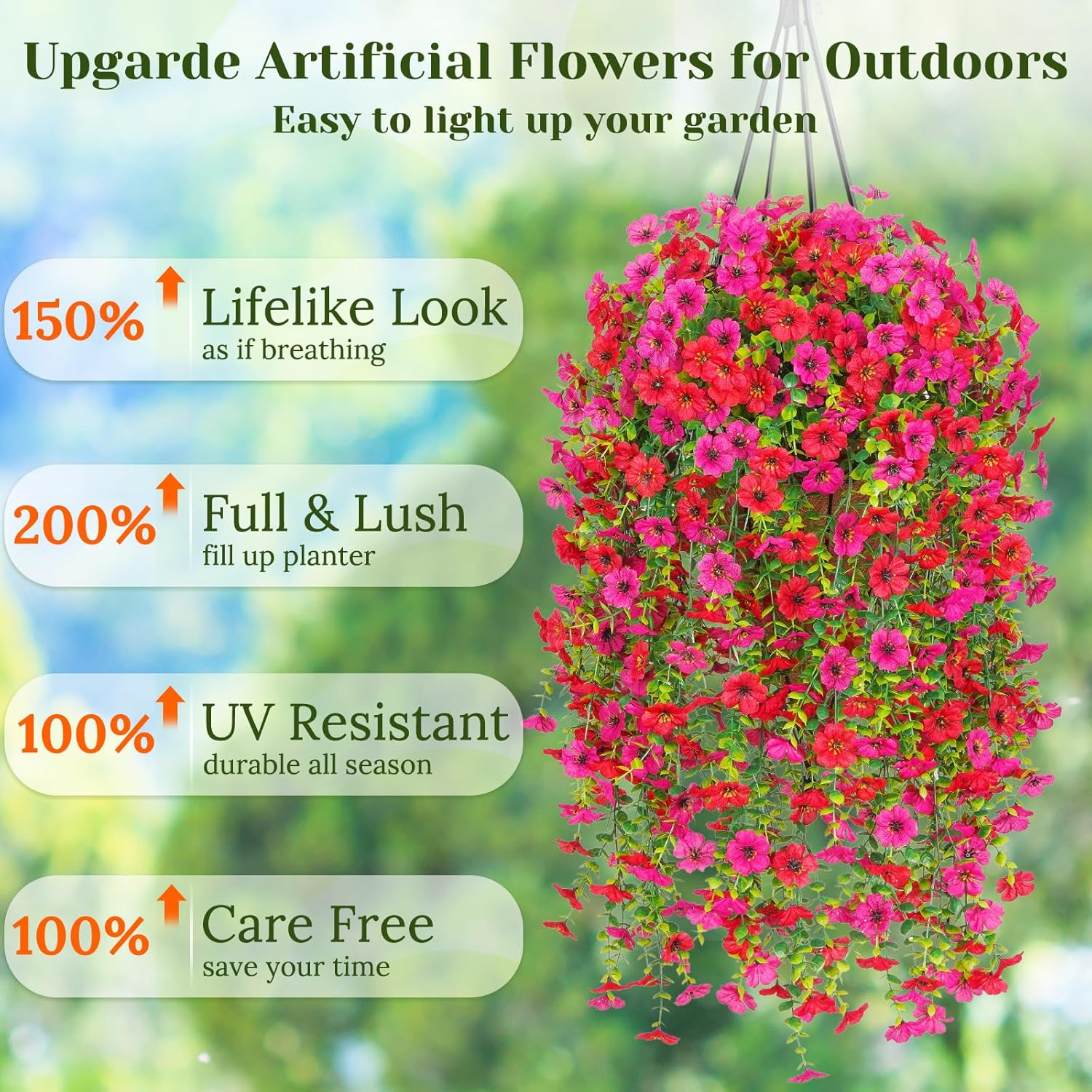 Dolicer 2 Pcs Look Real Artificial Flowers for Outdoors, Realistic Fake Artificial Hanging Flowers for Outdoors UV Resistant Silk Faux Hanging Plants Flowers for Porch Patio Garden(Red+Fuchsia) - Image 2