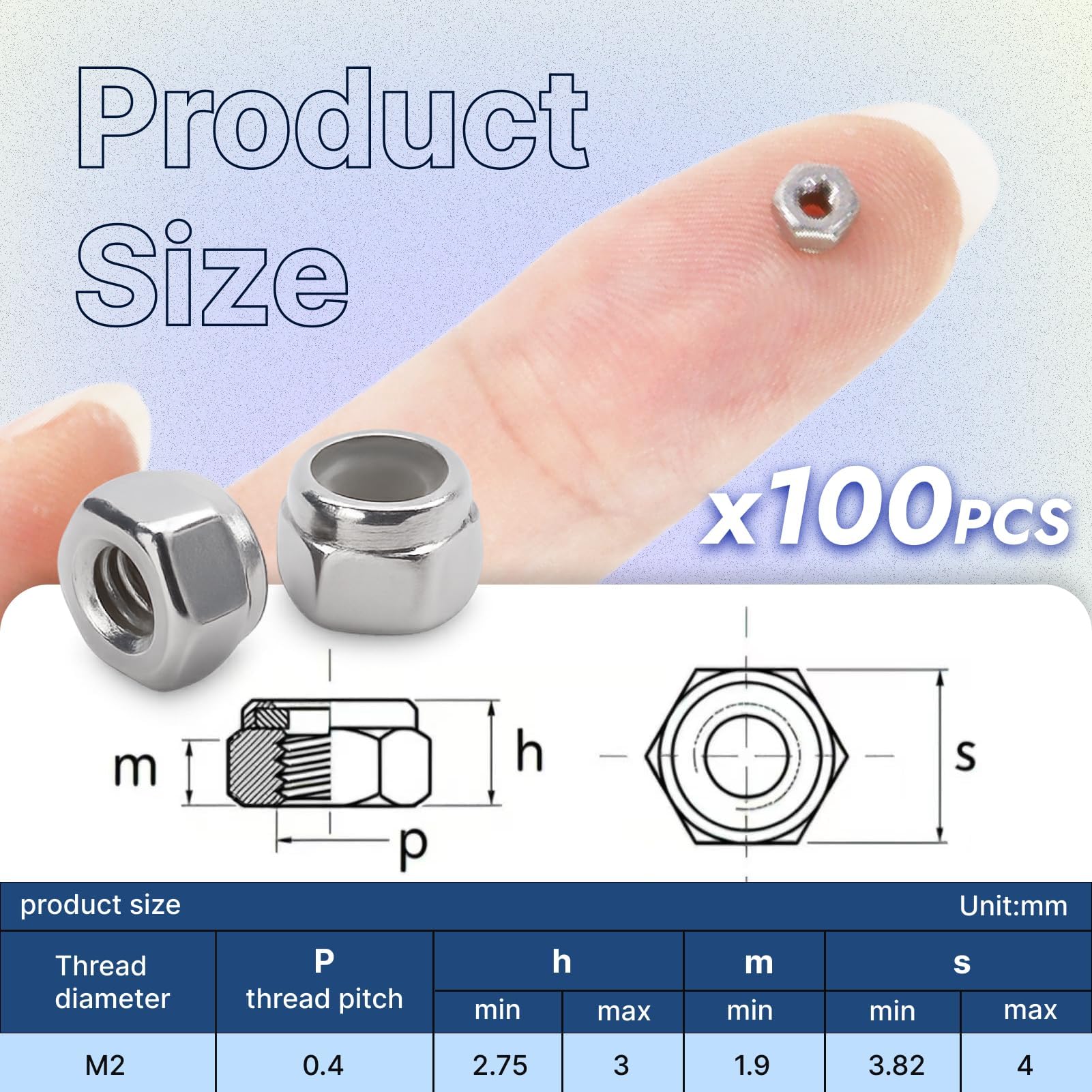 100 Dadi Autobloccanti M2 in Acciaio Inox 304 con Inserto in Nylon, Dadi Esagonali Antivibrazione Resistenti alla Corrosione per Viti, Bricolage, Macchinari, Auto, Applicazioni Esterne e Fai da Te