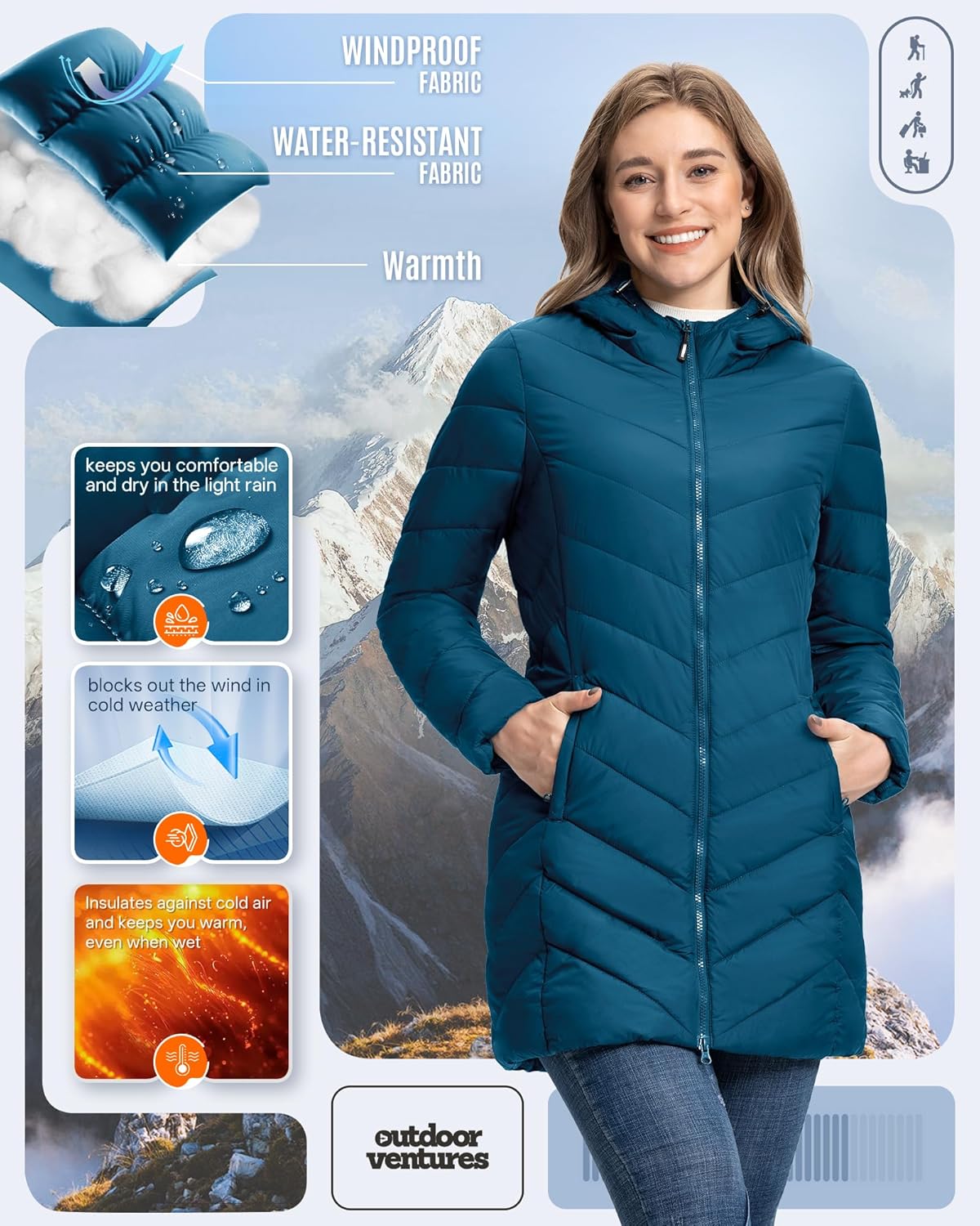 Outdoor Ventures Women's Long Hooded Lightweight Puffer Coat Quilted Insulated Winter Jacket