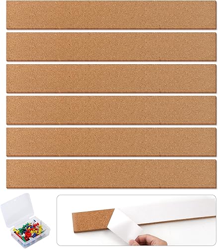 6 tiras de corcho para tablón de anuncios, tiras de corcho natural sin marco, tiras de corcho autoadhesivas para oficina, escuela, decoración del
