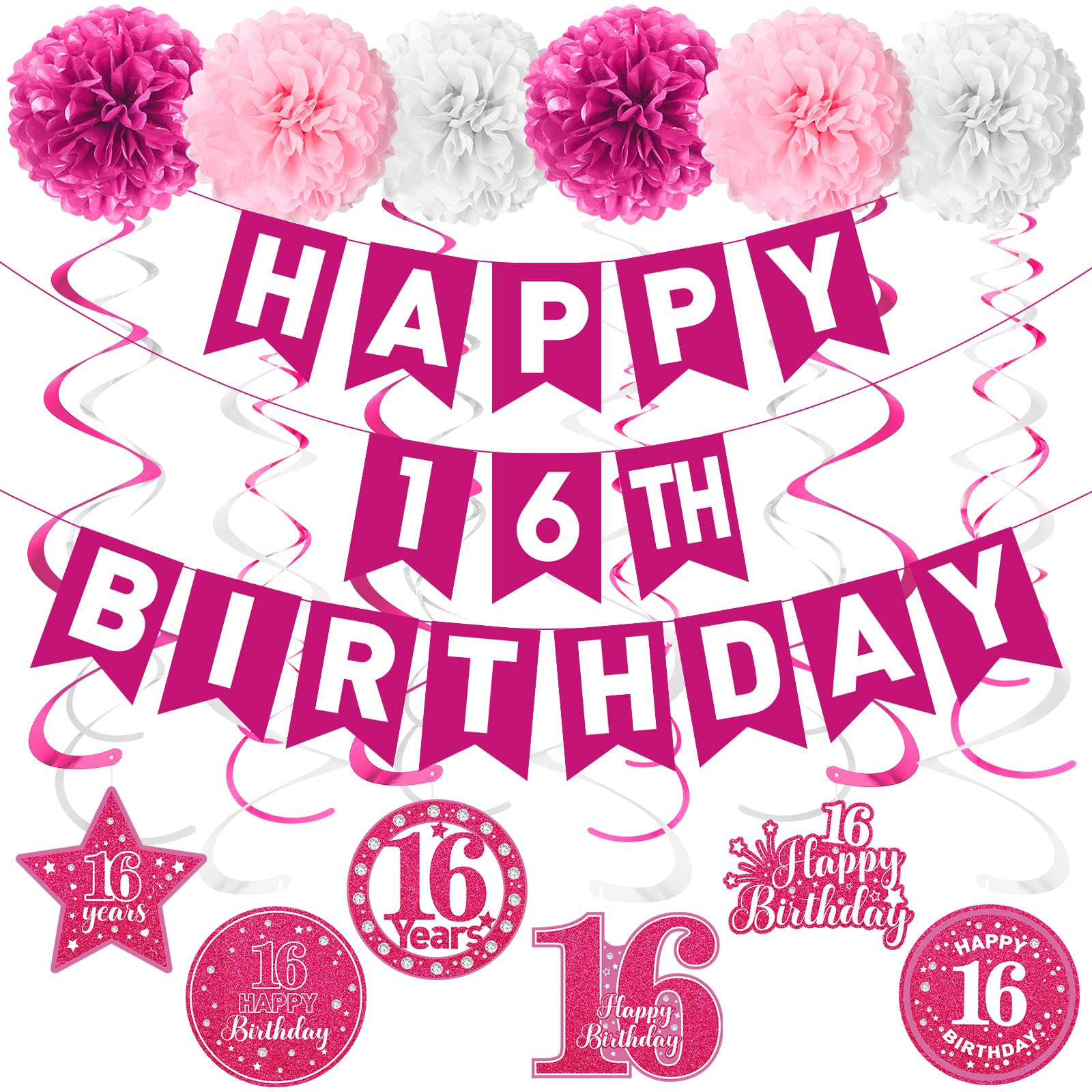 Pink Sweet 16 Birthday Decorations Girls Sweet 16 Birthday Banner & Hanging Swirls Tissue Pompoms for Girls 16 Years Old Party Supplies