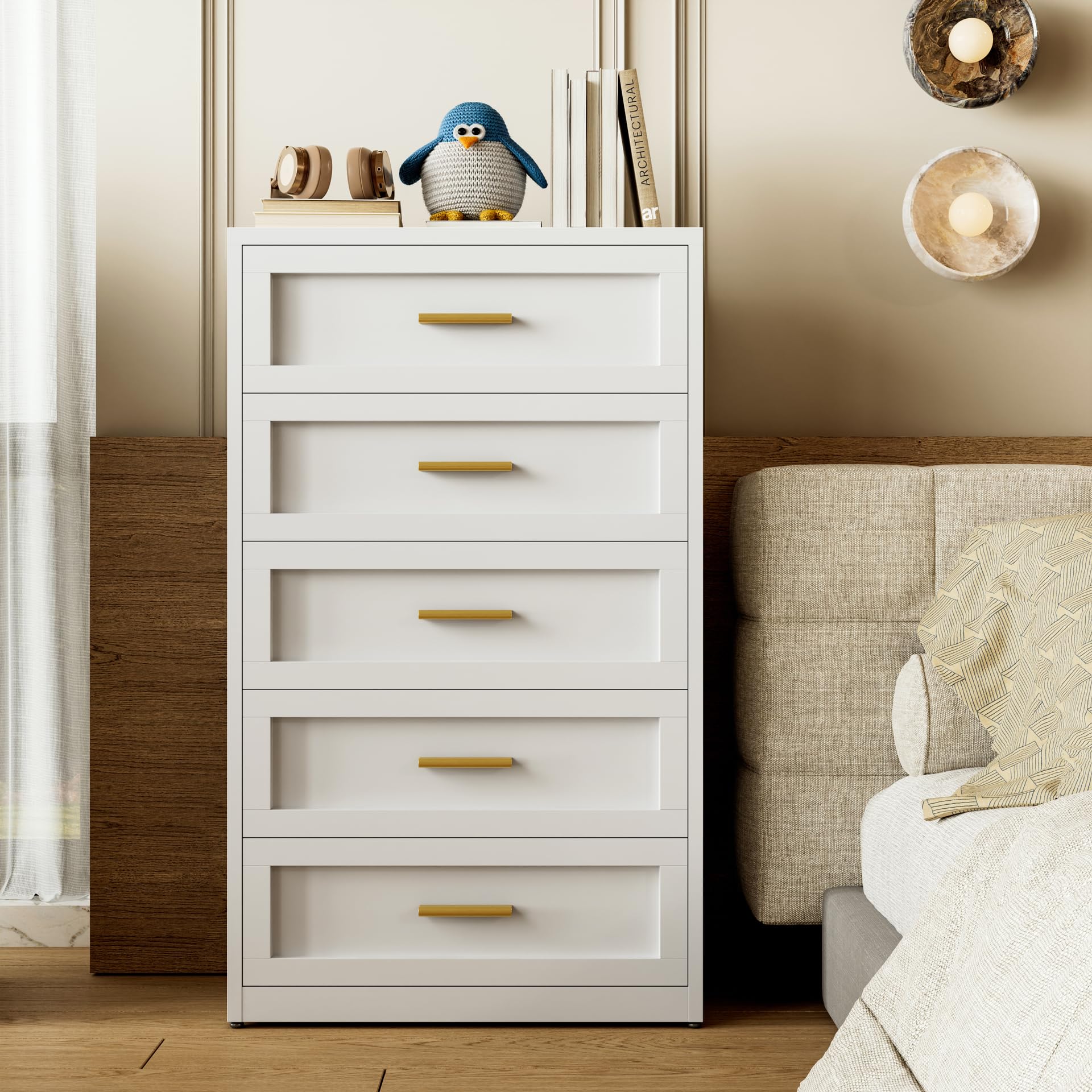 Metal 5-Drawer Dresser for Bedroom, Tall Chest of Drawers for Closet Storage, Modern Farmhouse White Dresser with 5 Drawers, Tall Dressers & Chests