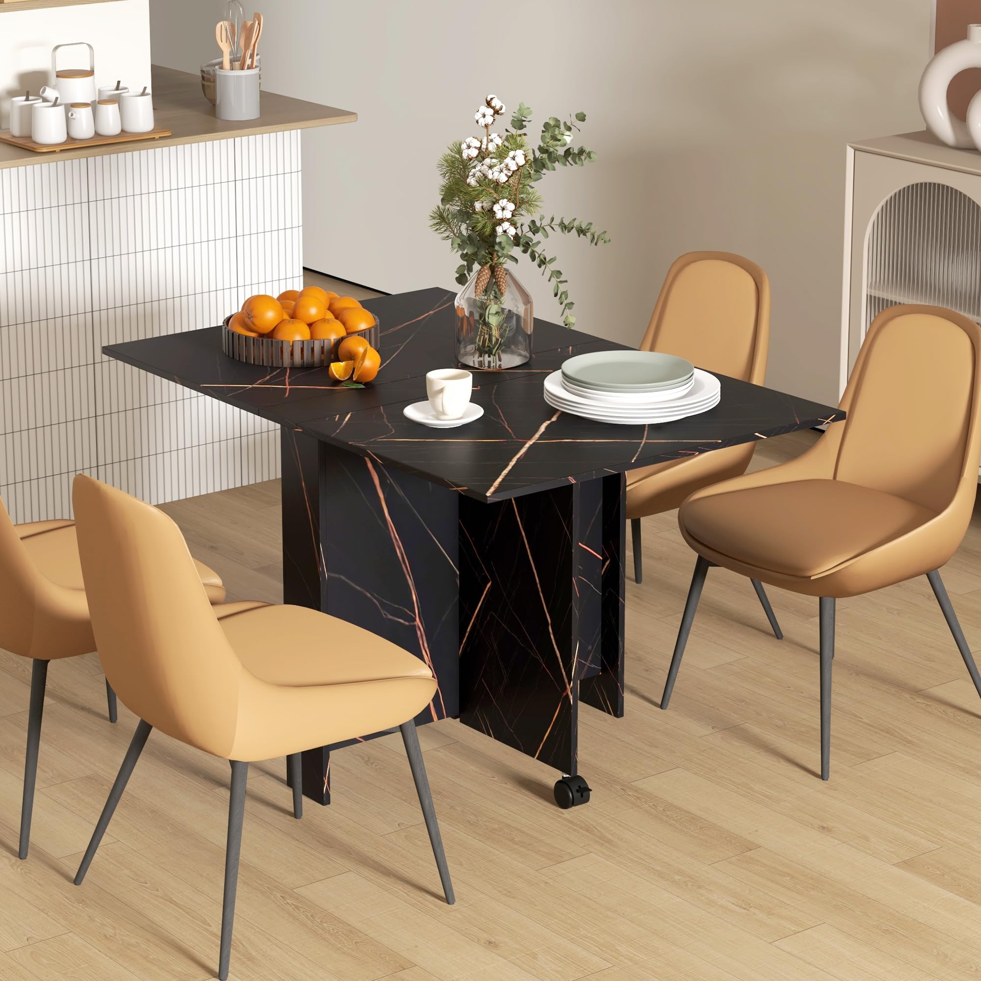HOMCOM Mesa Plegable de Comedor Ruedas 120x80x73 cm Negro con Efecto Mármol | Mesa de Cocina Plegable, Alas Abatibles, Hasta 6 Personas, para Salón, Espacio Pequeño