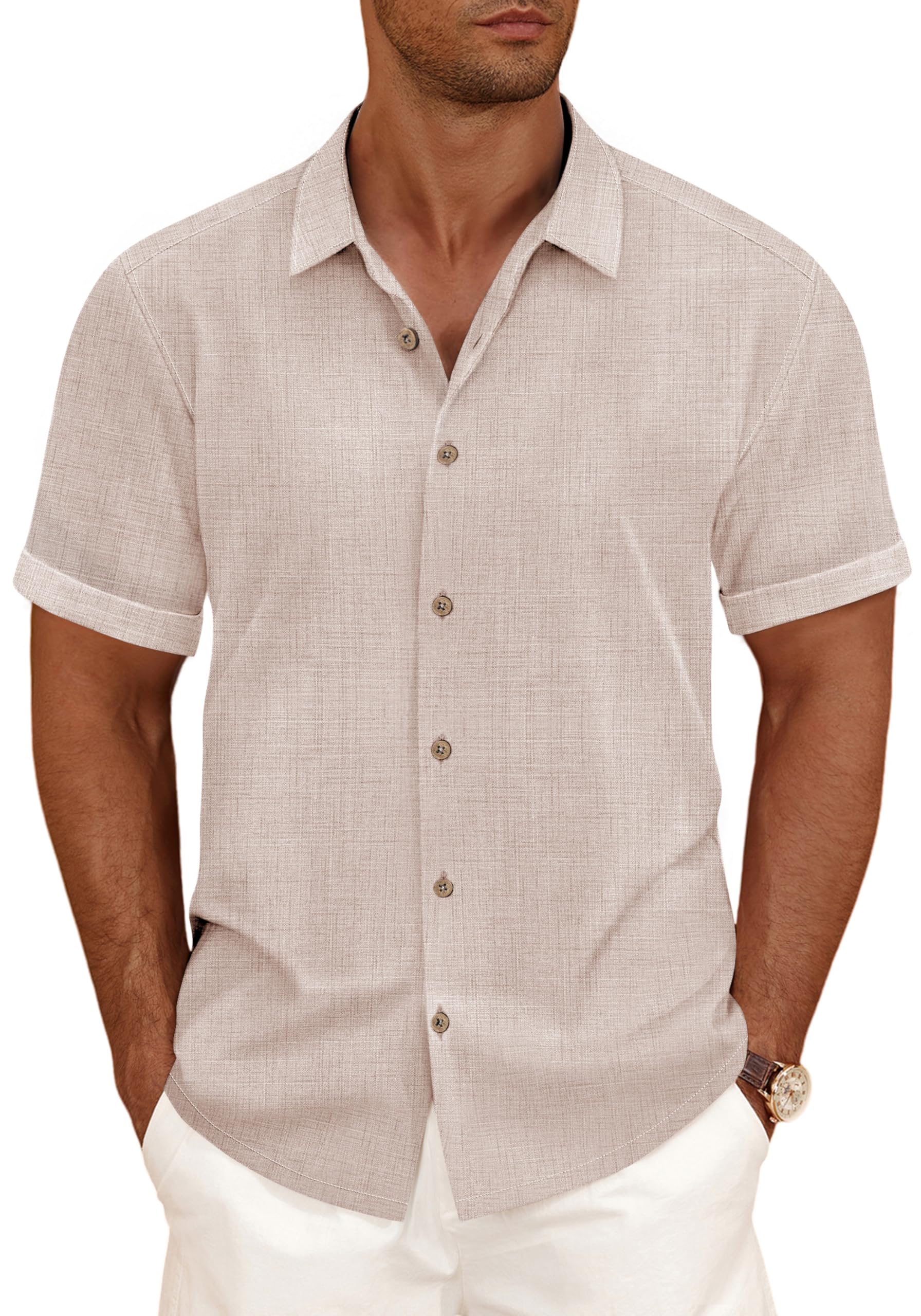 CURBODO Linen Shirts for Men Casual Short Sleeve Button Down Shirt Cool Summer Beach Wedding Vacation Tops