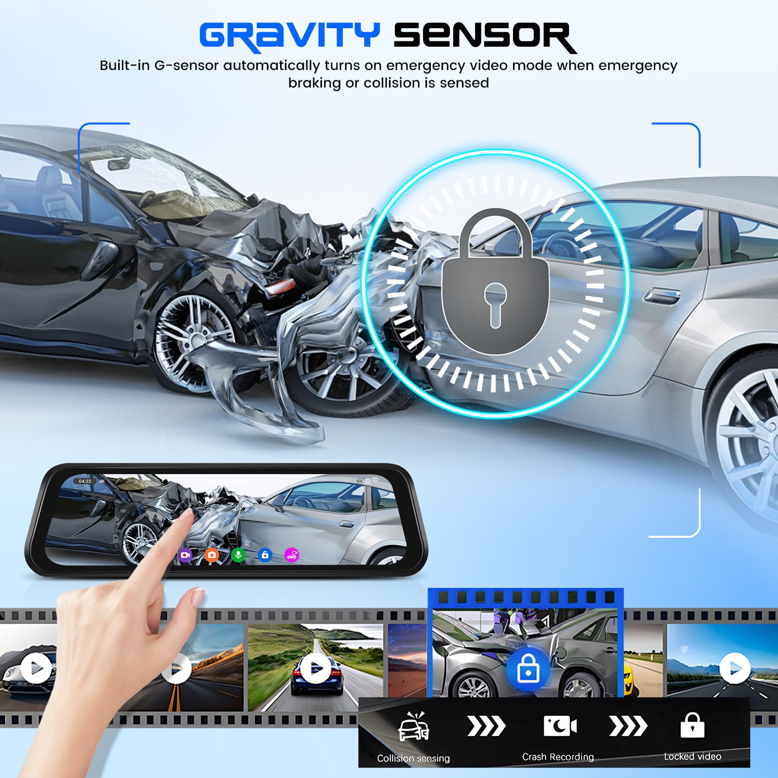 CAMECHO 9.66'' 4K Pantalla Táctil Dashcam Retrovisor Coche, Dash Doble CAM Frente y Trasero, Cámara Retrovisor para Coche con visión Nocturna,grabación en Bucle, Sensor G, GPS, ADAS, BSD