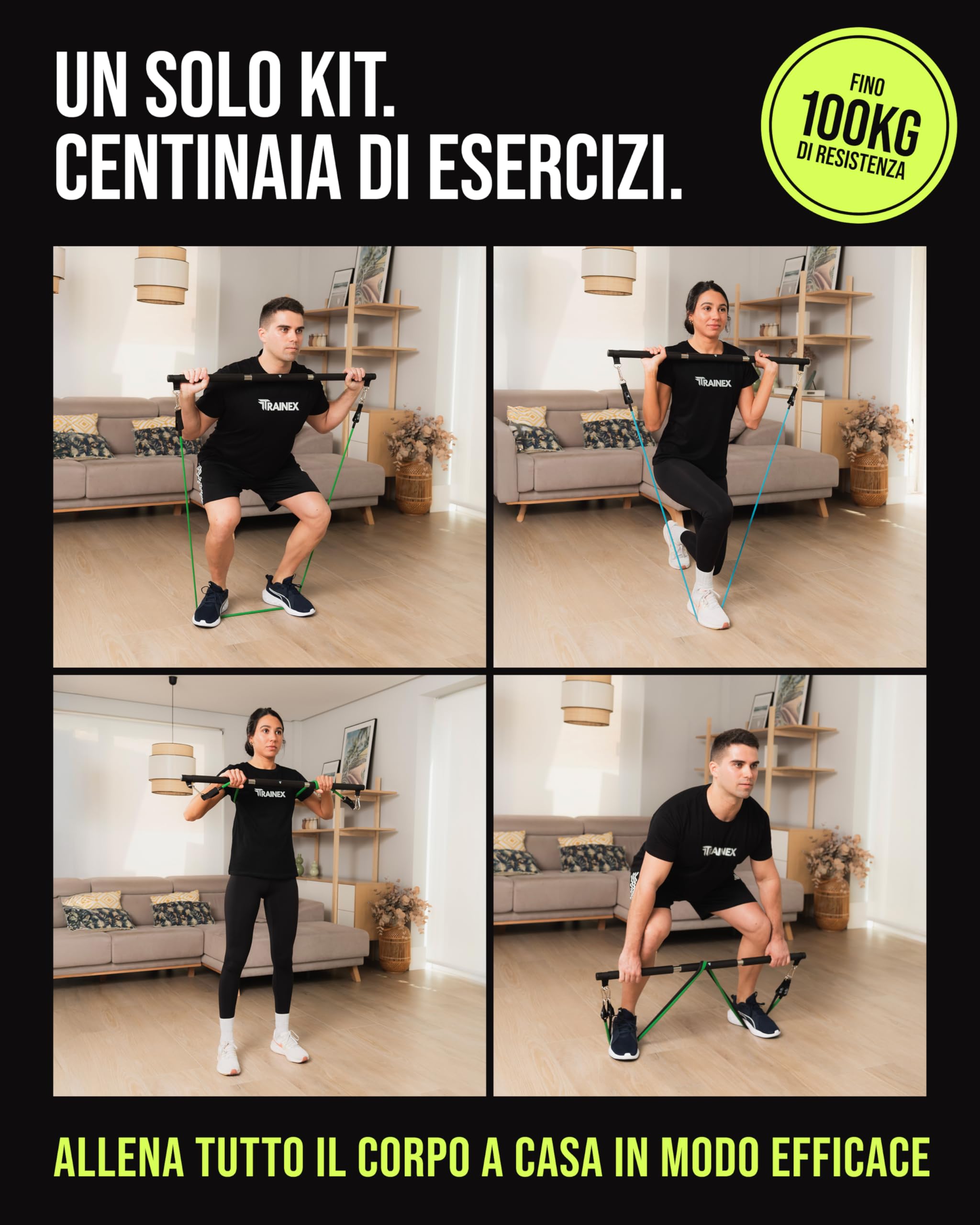 Elastici Fitness con Barra | Bande di Resistenza fino a 100 kg | Kit Allenamento a Casa Completo | Workout Efficace per Tutto il Corpo | TRAINEX