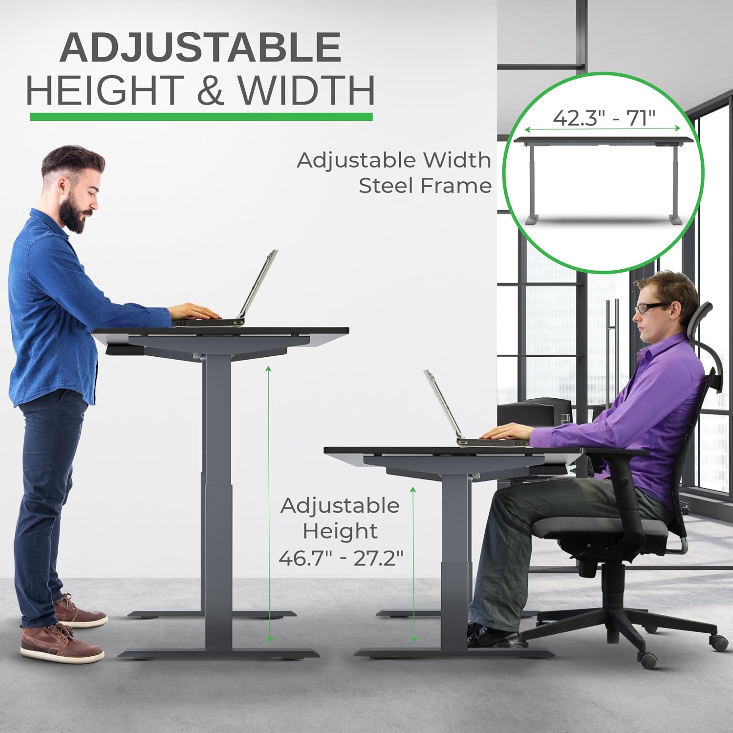 Diagram showing adjustable height and width of the desk frame