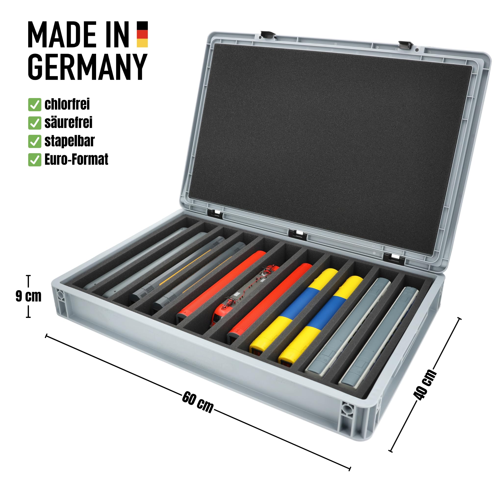 Feldherr Eurobox 60 x 40 cm Set für Modelleisenbahnen - Spur H0-11 Fächer - Schaumstoffeinlage für stehende Aufbewahrung - kompakte Transportlösung für Loks und Waggons