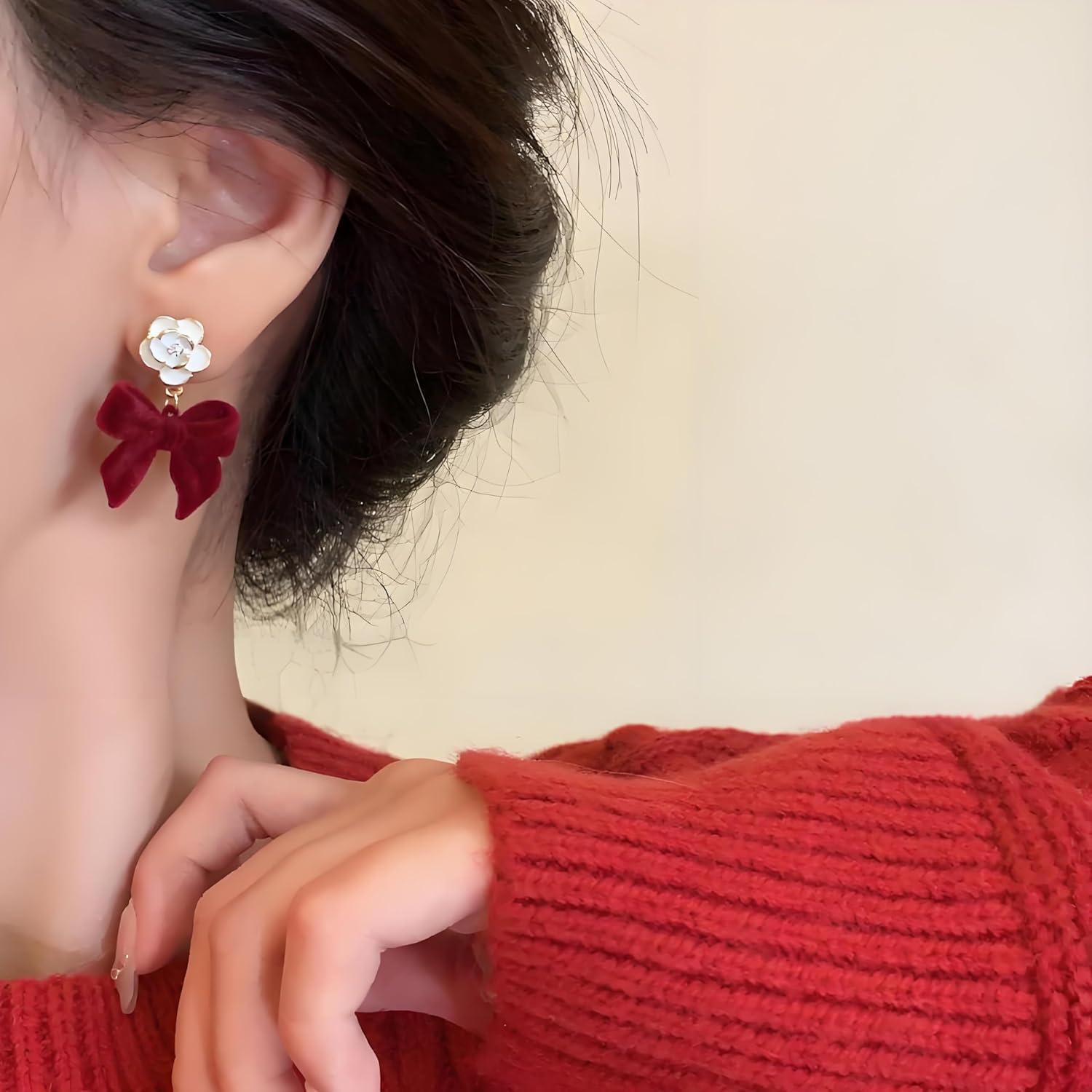 Red Bows Earrings for Women Christmas Pearl Bow Earrings Red Bow Earring Pearl Bowknot Drop Earring Xmas Holiday Christmas Jewelry - Image 3