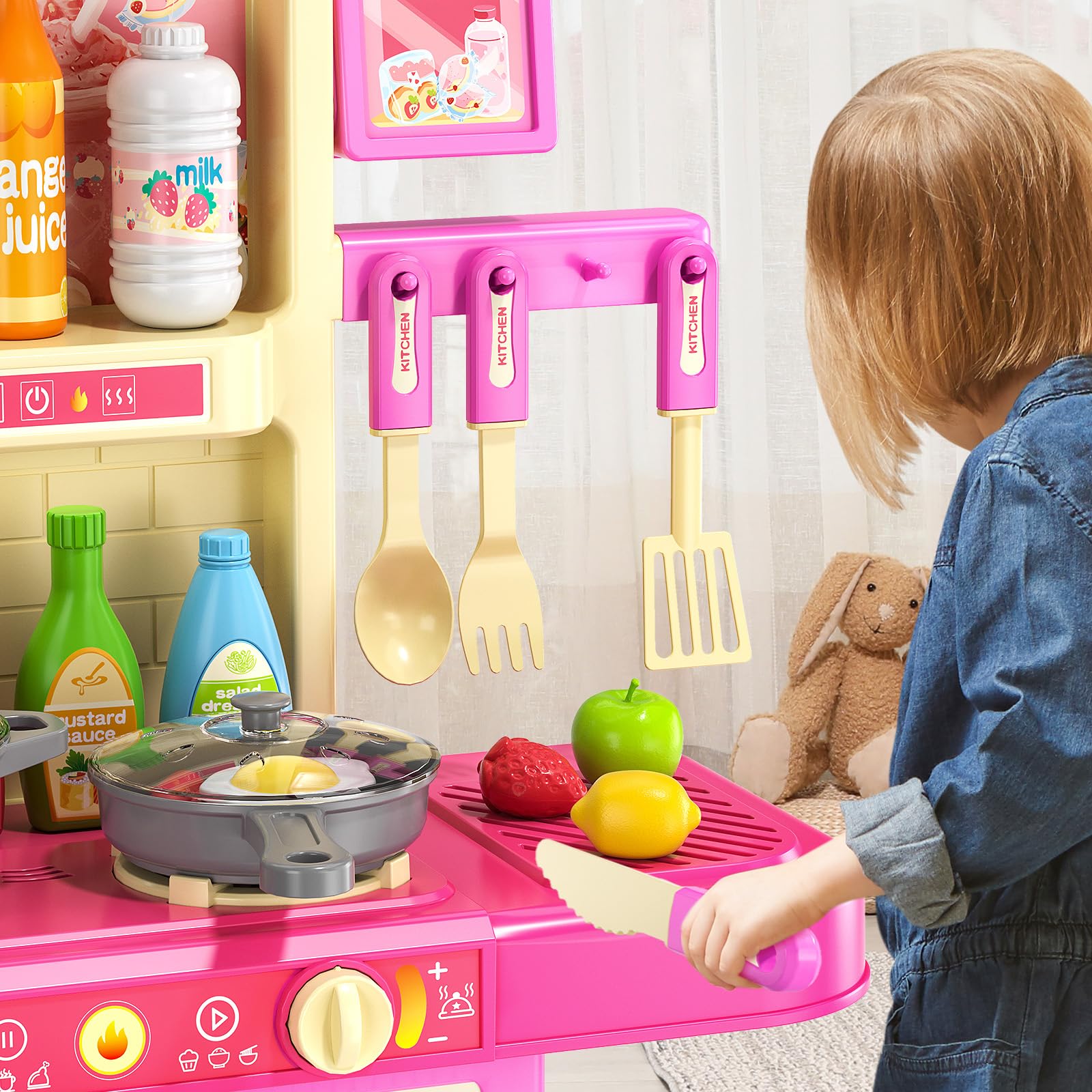 TEMI Kids Play Kitchen Playset - Pretend Play Kitchen Accessories for Toddlers 2-5 Years Old, Interactive Girls Toys Play with Lights and Sounds, Toddler Outdoor Playset Gifts for Boys