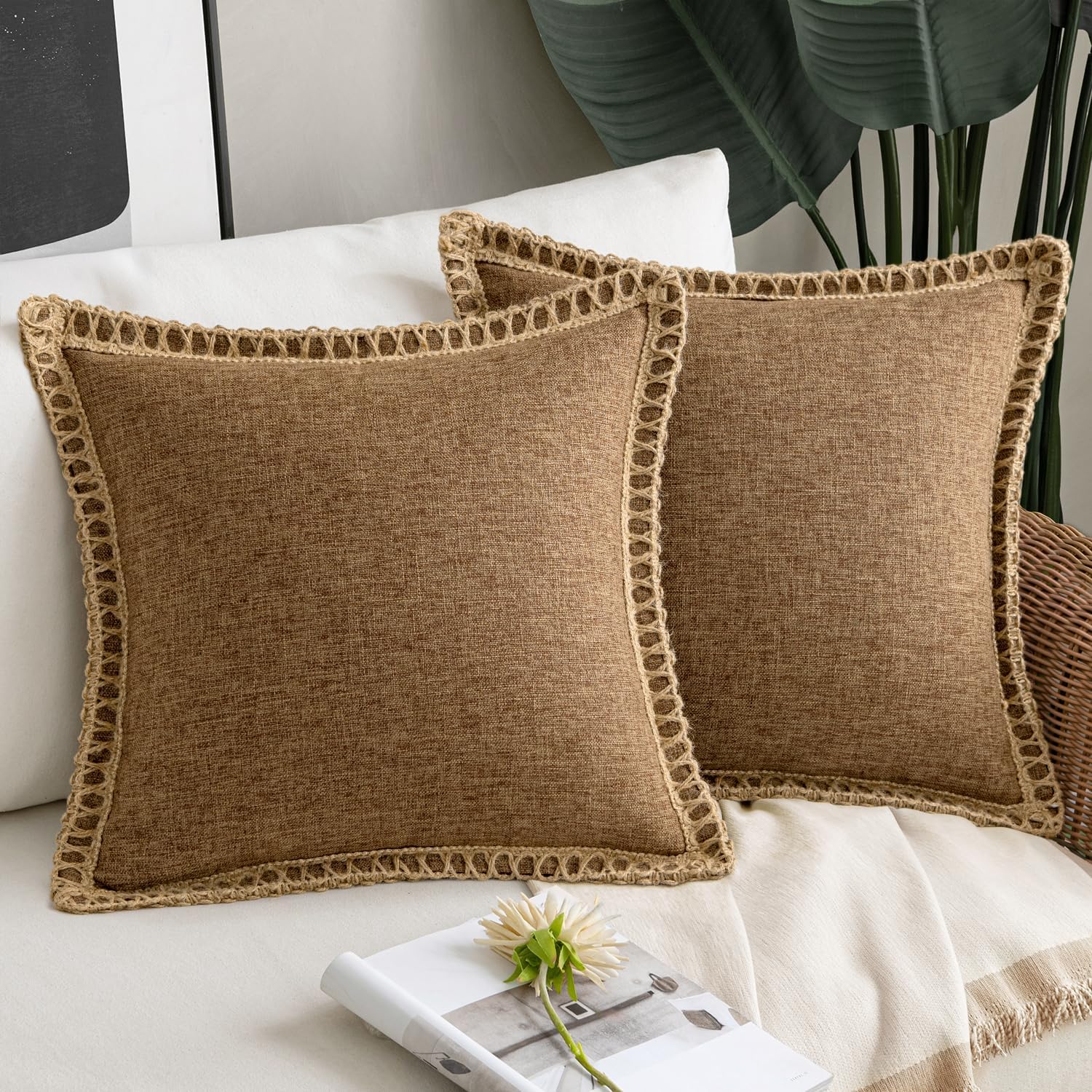 MIULEE Pack of 2 Decorative Throw Pillow Covers Modern Farmhouse Outdoor Pillow Covers Neutral Linen Burlap Pillowcases Cushions for Couch Bed Living Room Sofa, Coffee 18 x 18 inches 45 x 45 cm 18" x 18" (Pack of 2) Coffee