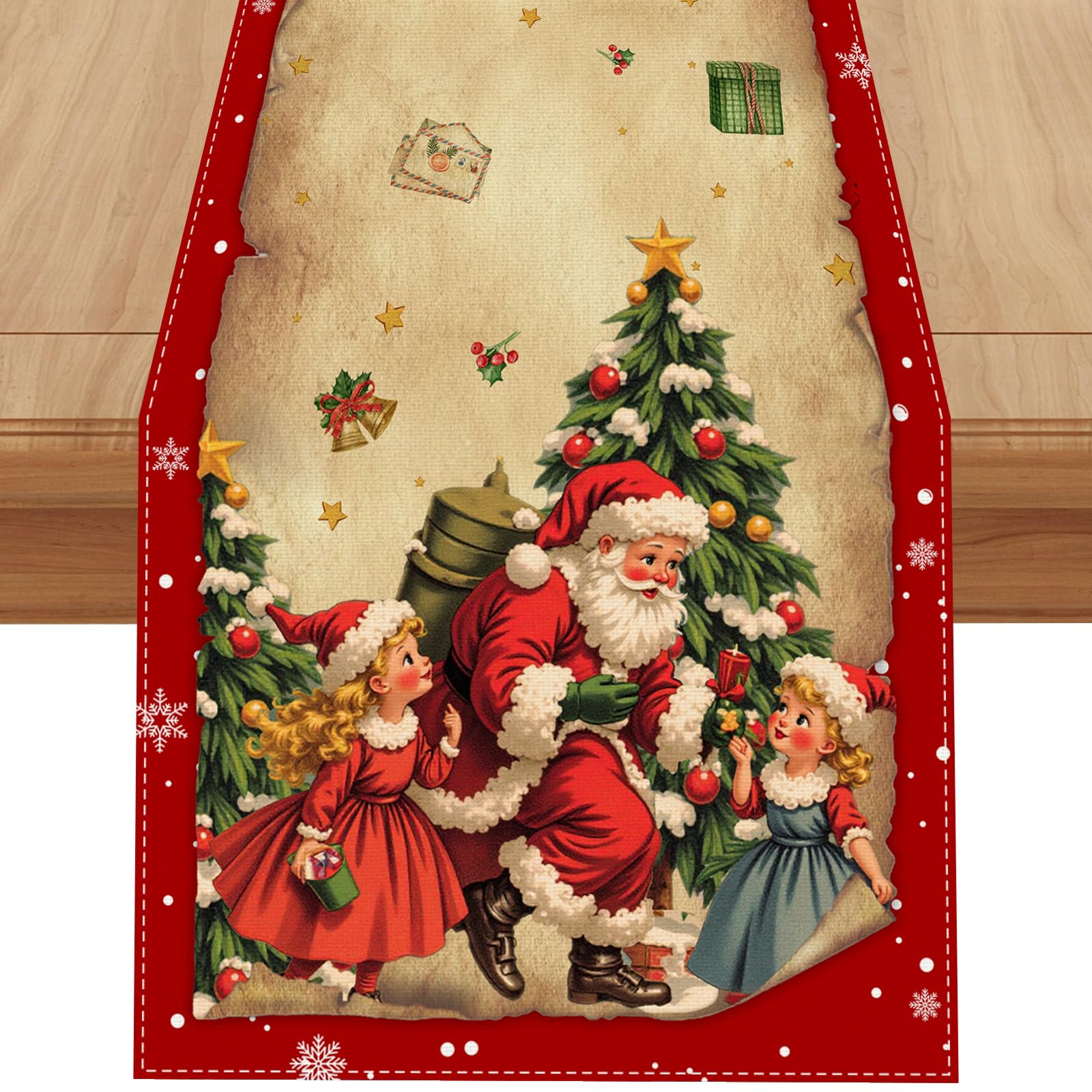 Linen Vintage Christmas Table Runner 72 Inches Long Santa Home Kitchen Dining Room Decor Retro Christmas Xmas Winter Holiday Decorations and Supplies
