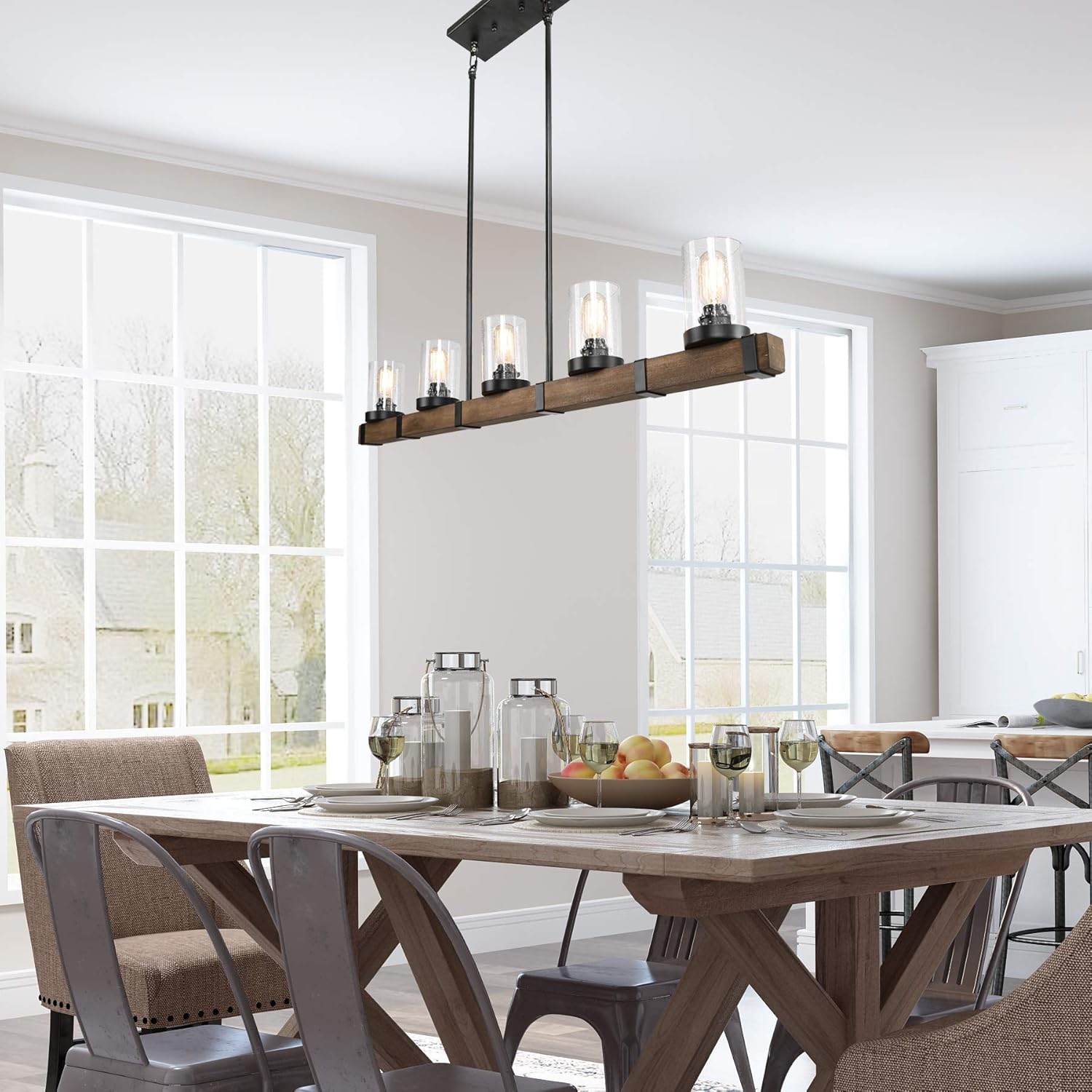 Farmhouse Chandeliers for Dining Room, 5-Light Kitchen Island Lighting, Rectangle Wood Chandeliers with Seedy Glass Shades