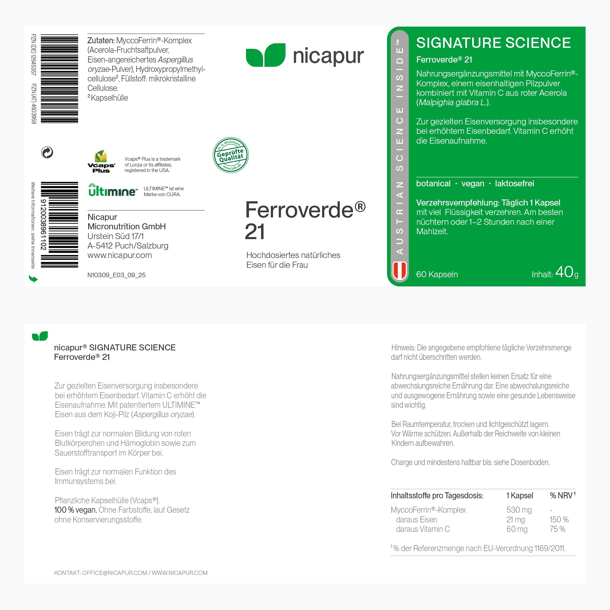 nicapur Ferroverde 21 – 21 mg hochdosiertes Eisen mit Vitamin C aus roter Acerola – 60 Kapseln, vegan, laktosefrei & laborgeprüft