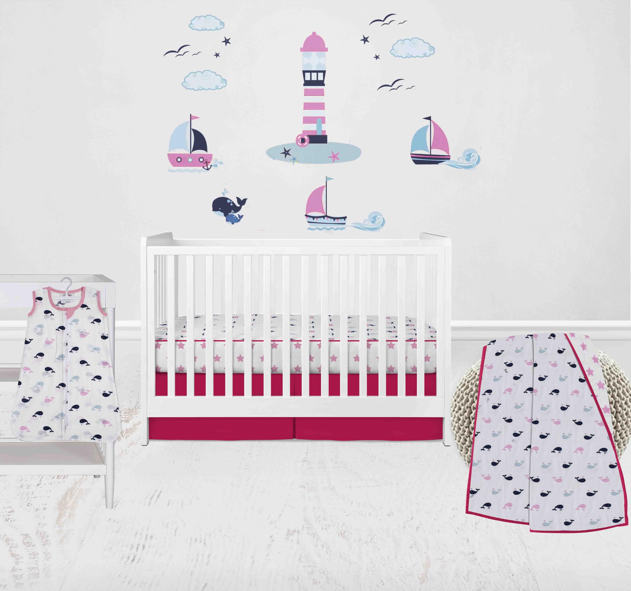 Bacati - 100 Percent Breathable Cotton Muslin 4 Piece Nursery Baby Crib Bedding Set for Girls US Standard Crib (Boats/Whales Pink/Blue/Red)