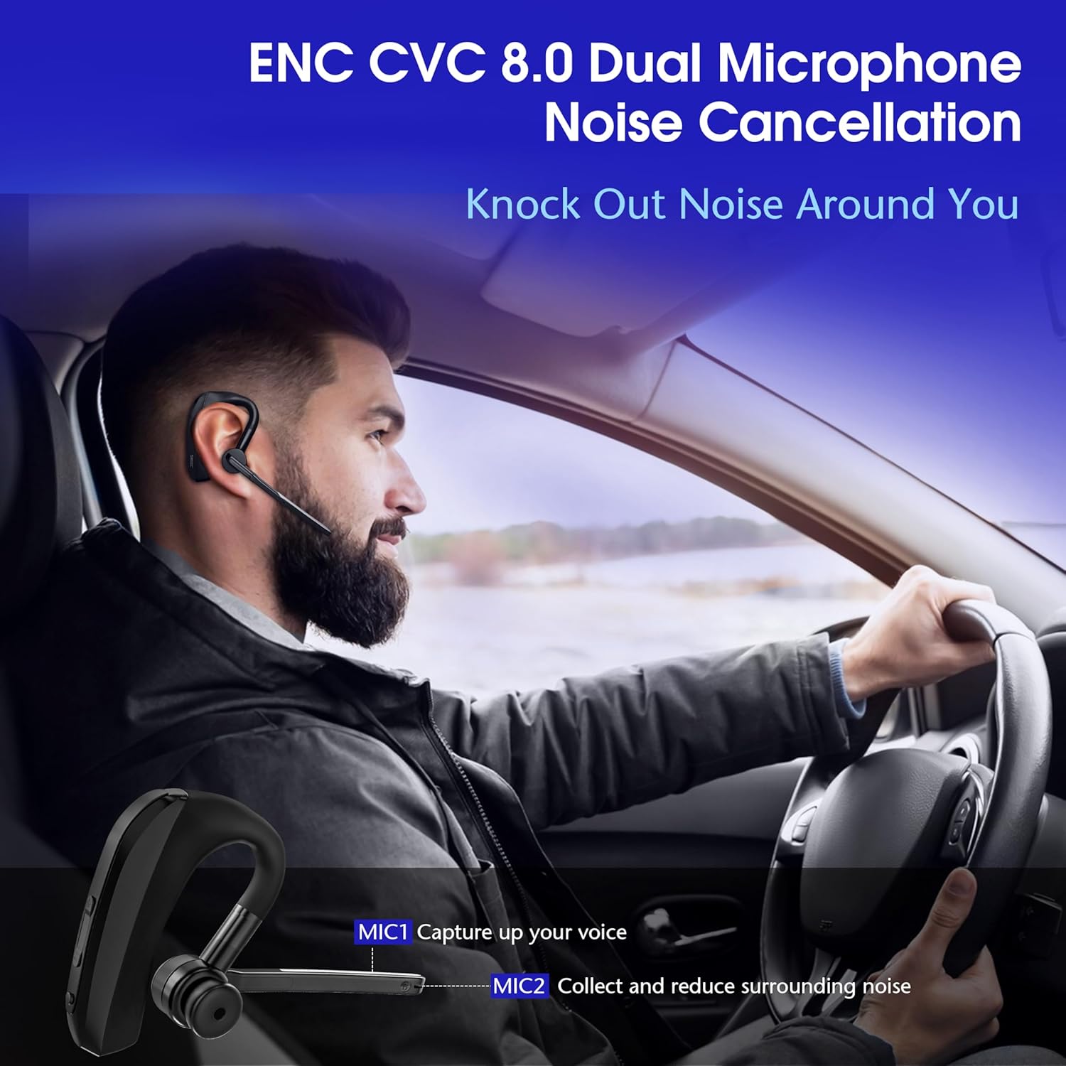 Bluetooth Single Ear Headset with Mic, Dual Microphone Wireless Headset with Dongle Compatible to Connect to Your PC Mac Works with Teams, Zoom More Noise Canceling