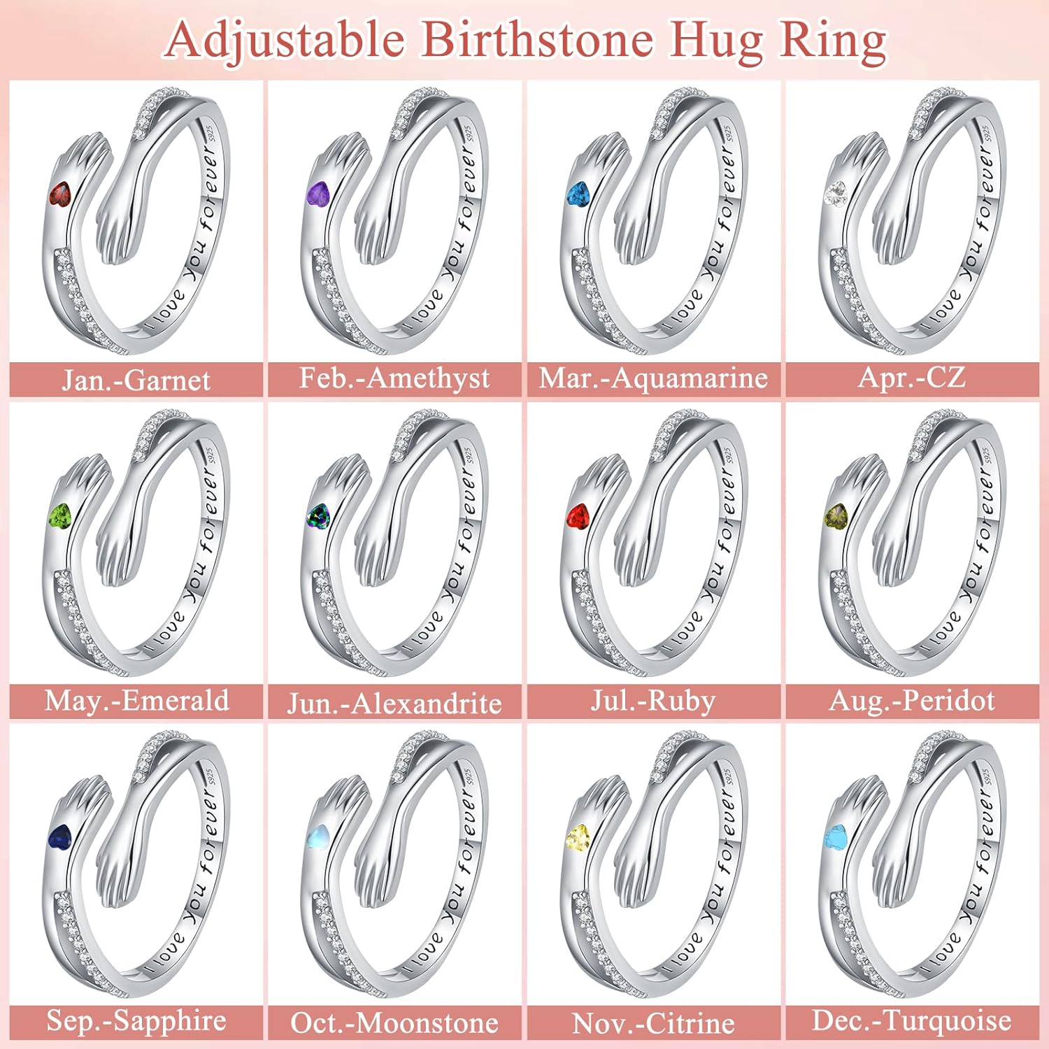 Hug Rings for Women Birthstone Hug Rings 925 Sterling Silver Adjustable Hand Ring Open Jewelry Daughter Gifts From Mom Mother Teens Mother's Day Amavive - Image 3