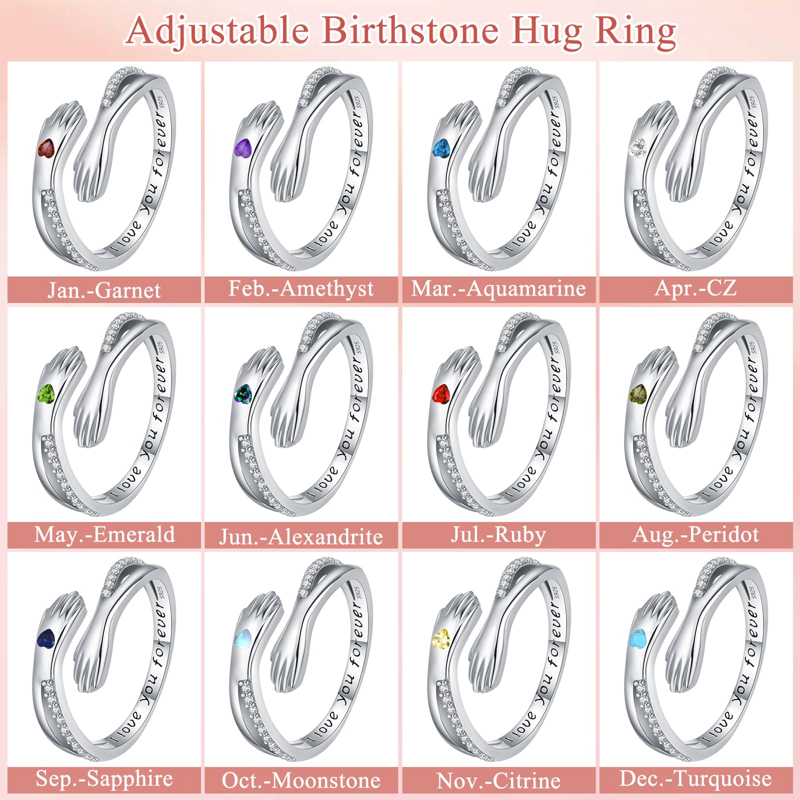 Anillo de Abrazo, Anillo de plata de ley 925 para mujer, Anillos Piedra de Nacimiento y Anillas Ajustables, Anillos partido Regalos de Joyería para madres, amantes y niñas