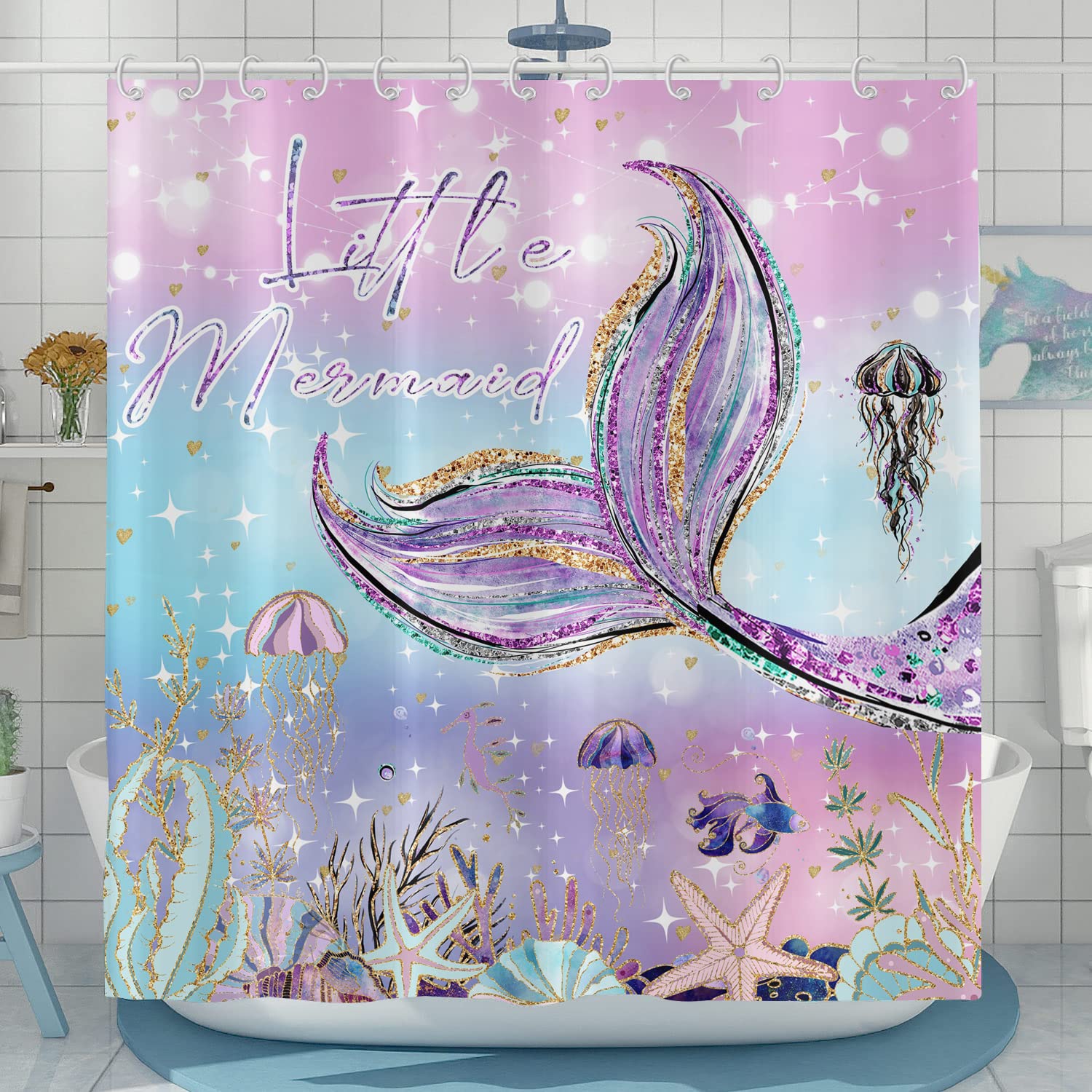 Hnmdmyi Mermaid Shower Curtain 180x180, Purple Mermaid Tail Fish Scale Ocean Theme Jellyfish Starfish Coral Kids Girls Bathroom Curtains Waterproof Polyester Fabric Washable Bath Curtains with Hooks