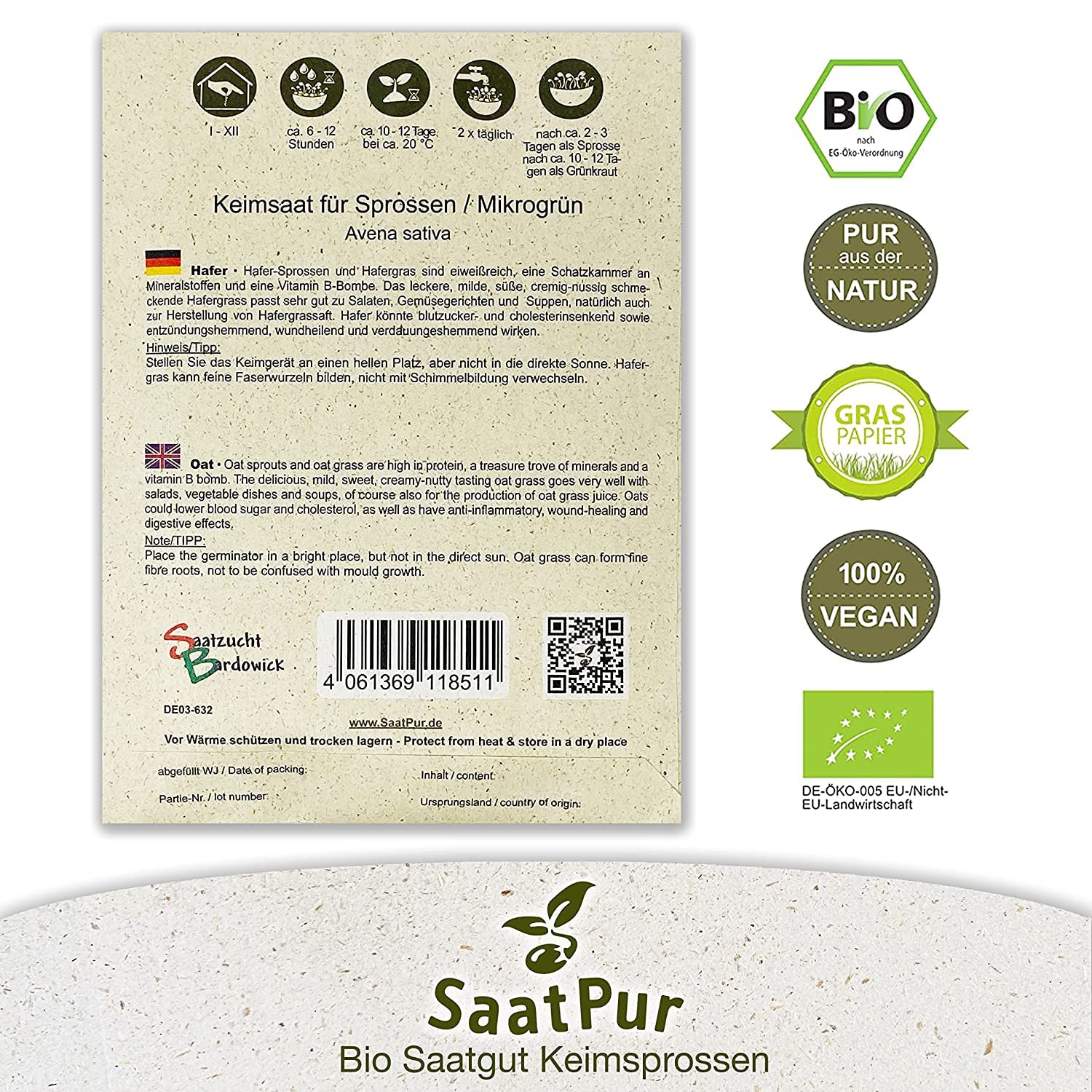 5Kg BIO Keimsprossen Hafer Hafergrassaft Keimsaat Microgreens Mikrogrün Sprossenanzucht Sprossensaat
