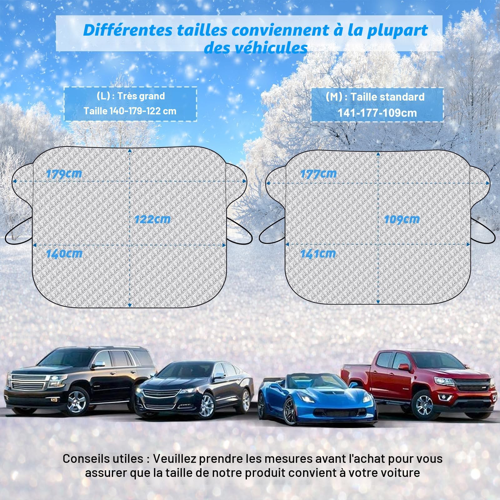 Couverture Pare Brise Avant Voiture,Protege Pare Brise Givre,Protection pare brise hiver,Bâche voiture Anti Neige Anti Glace UV Soleil Protection Repliable Universelle pour Voiture SUV(177 x141x109cm)