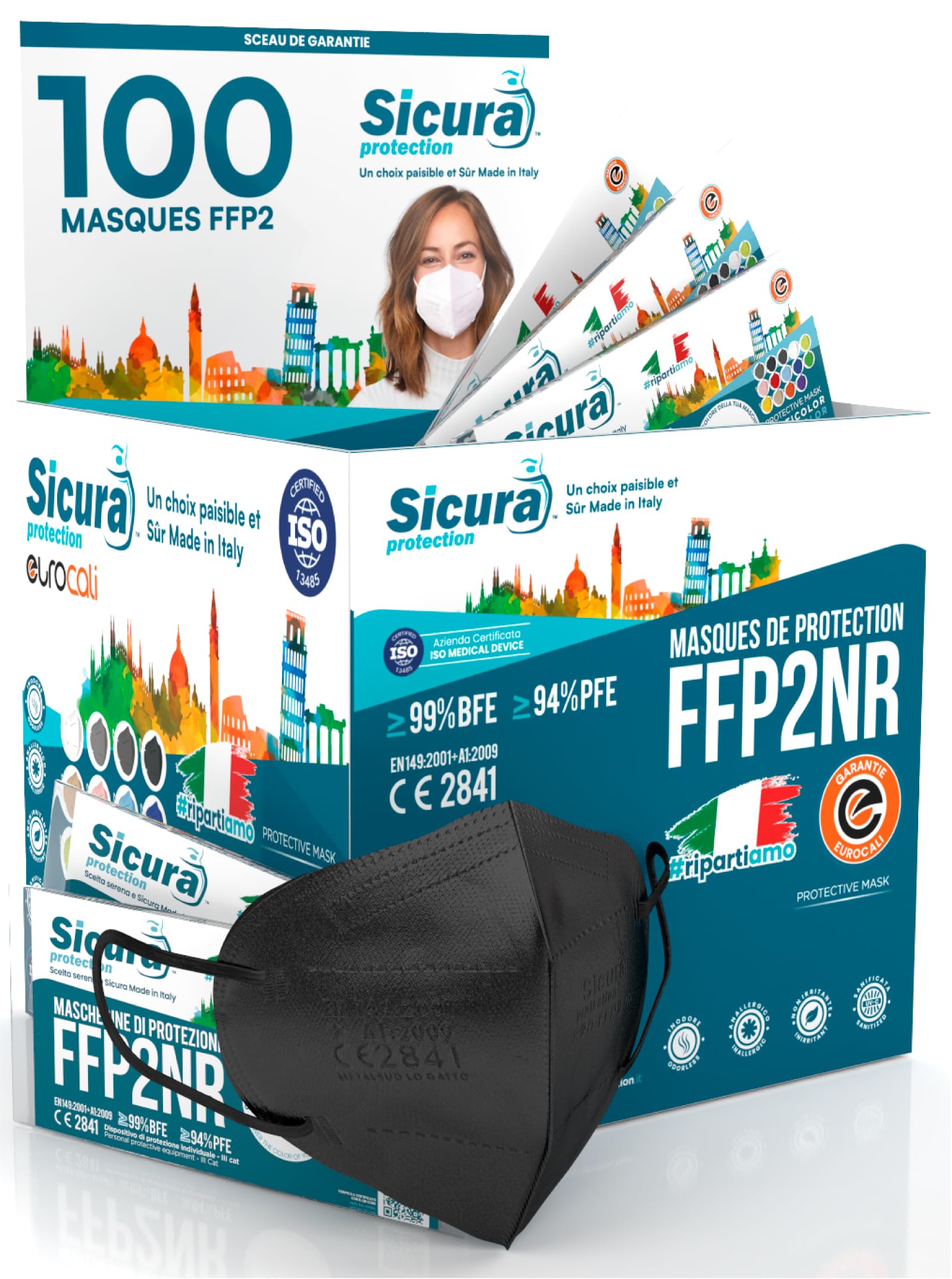 100 masques FFP2 Noir certifié CE Fabriqué en Italie Sicura BFE ≥99% SANITIZÉ et scellé individuellement EN 149:2001+A1:2009