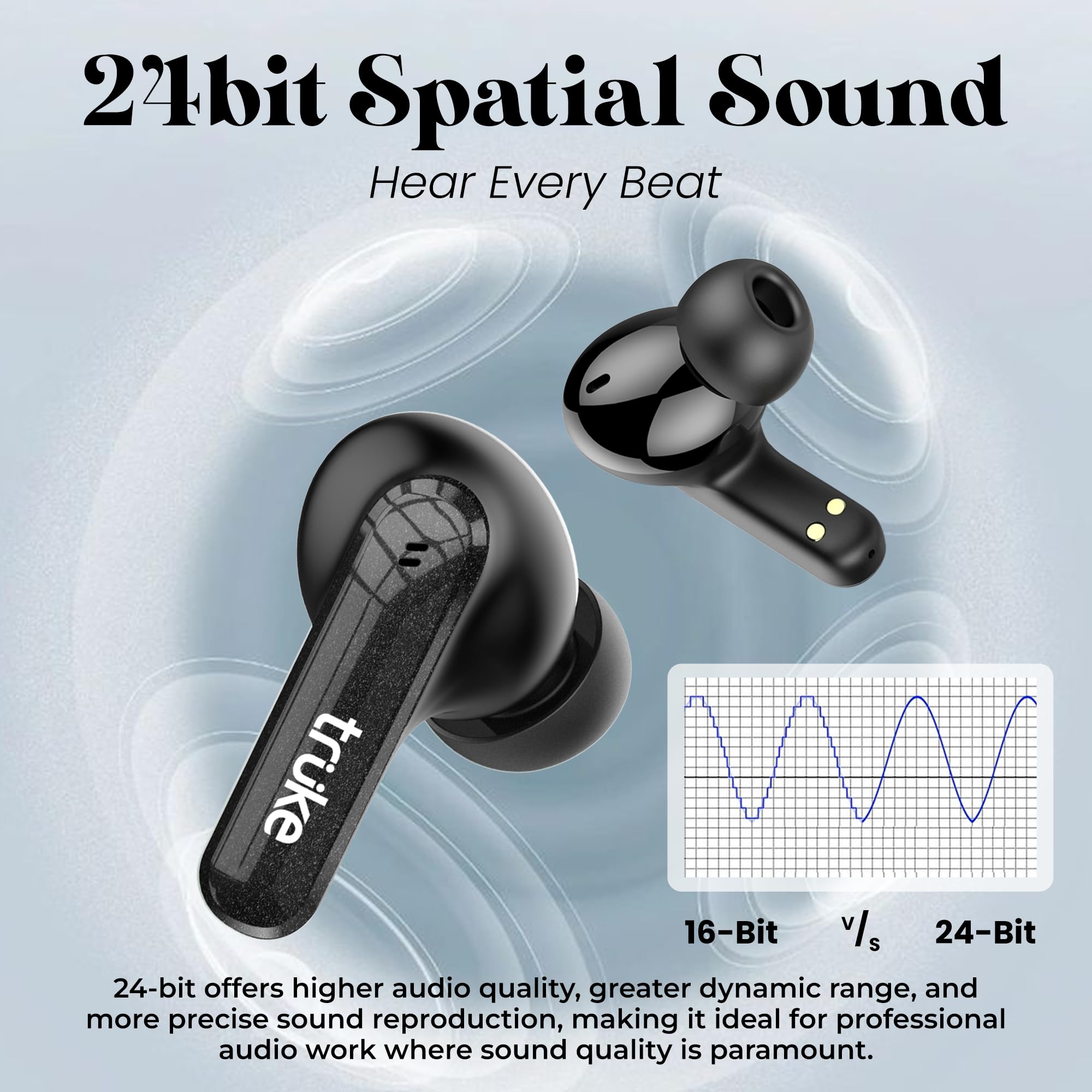 truke New Launch Buds Echo True Wireless in Ear Earbuds with 24-bit Spatial Audio, 13mm Titanium Driver, Dual Pairing Ear Buds, 40ms Latency, 70H Battery Fast Charge TWS, Quad-Mic ENC, BT 5.4 (Black) 1