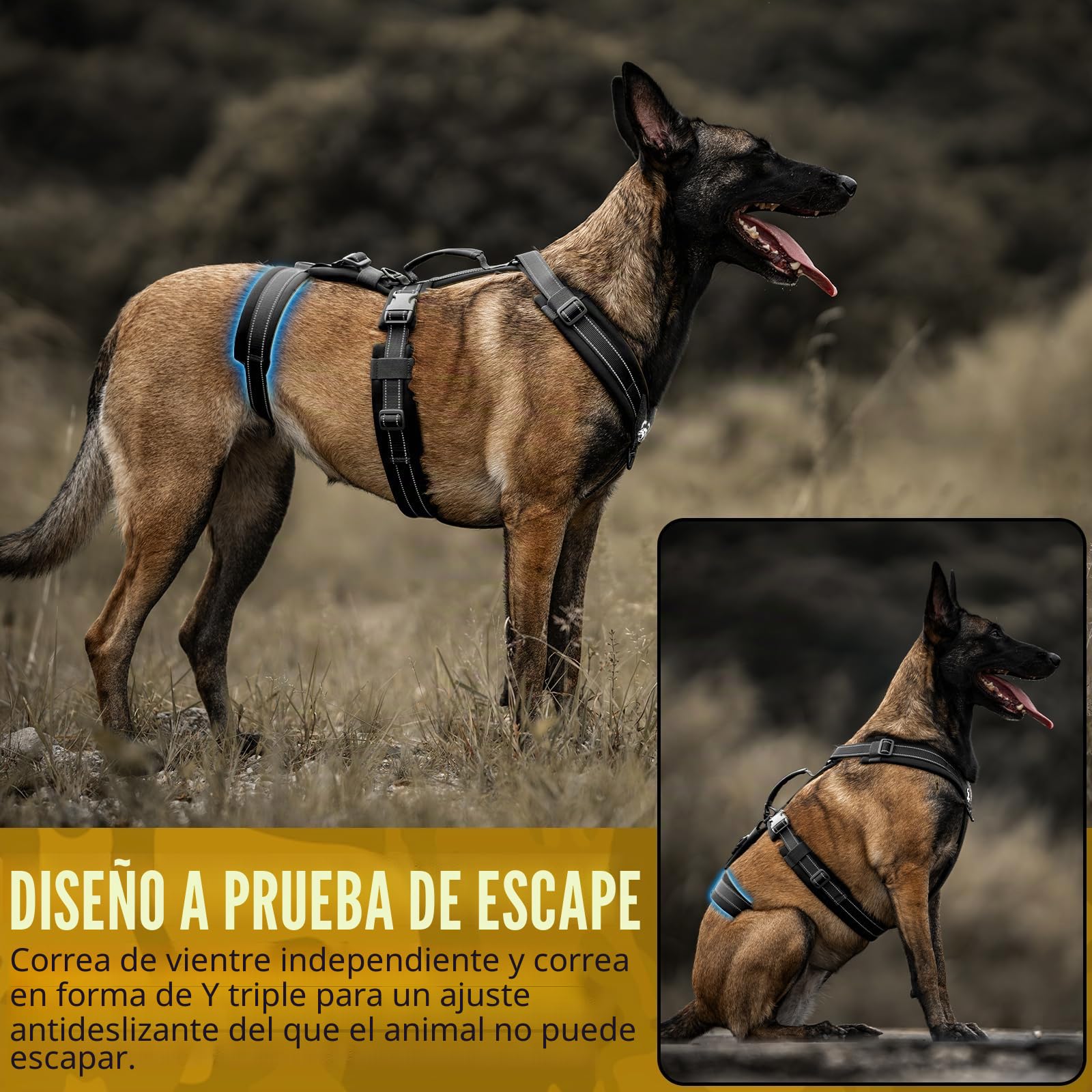 OneTigris Arnés para perros, HOUNDLOCK Arnés Táctico a Prueba de Escape Ajustable Suave Acolchado Arnés de Pecho con 1 Asa, 2 Anillas en D y Reflectante (Negro, L)