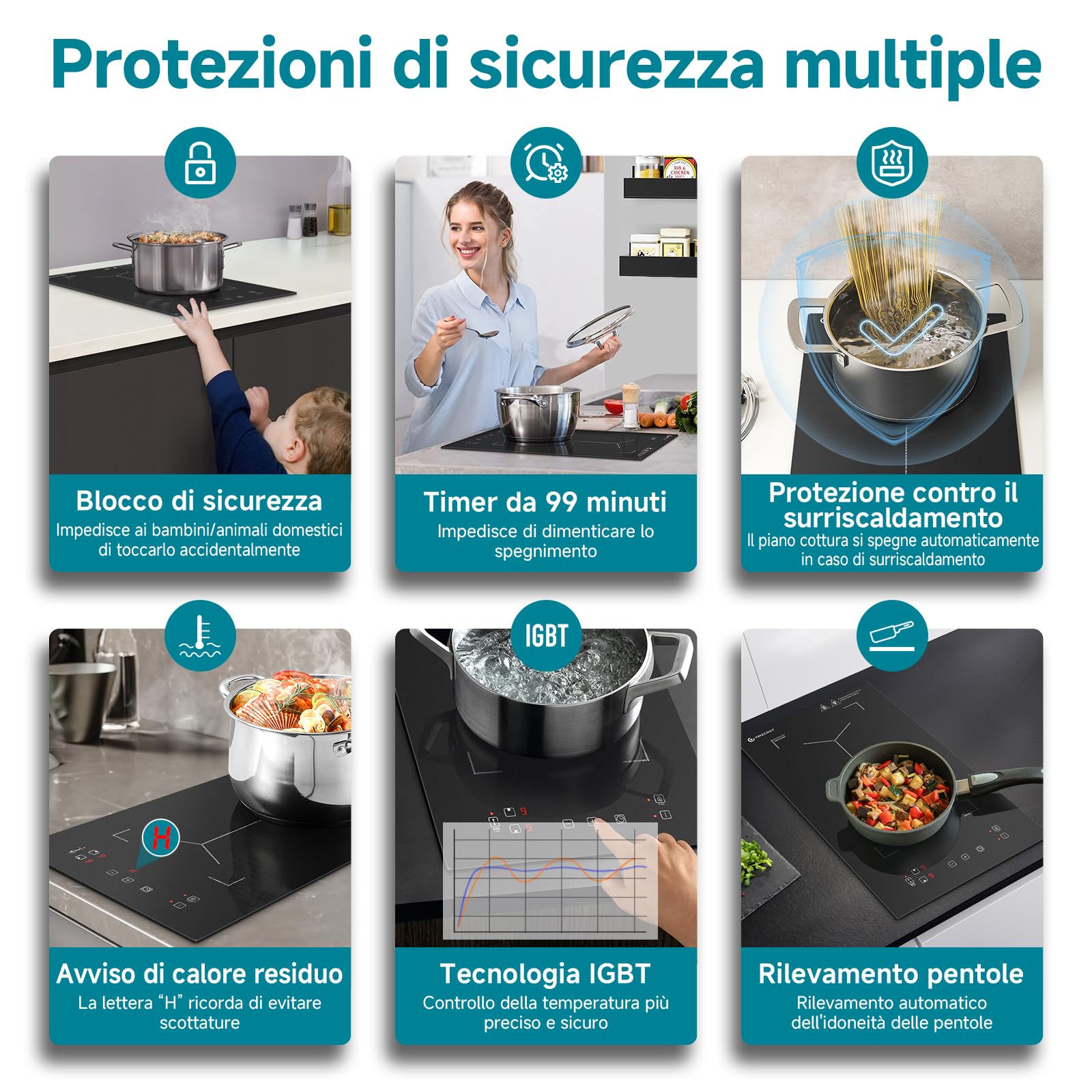 AMZCHEF Piastra Induzione 2 Fuochi, Piano Cottura Induzione con Flex zone con 9 Livelli di Potenza, Riscaldamento Intermittente, Serrature di sicurezza e timer,Controllo Touch Slide,3300W,Nero