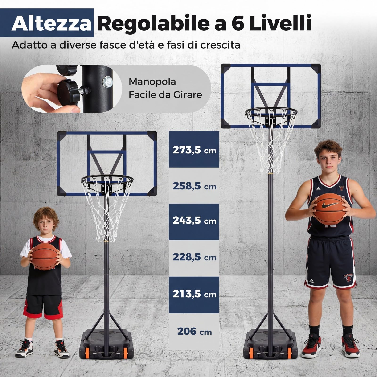 COSTWAY Canestro da Basket da Esterno, Canestro da Basket per Bambini con Altezza Regolabile 206-273,5 cm, Tabellone 82 cm e Base Riempiibile con Ruote, Sistema di Basket Portatile da Interno