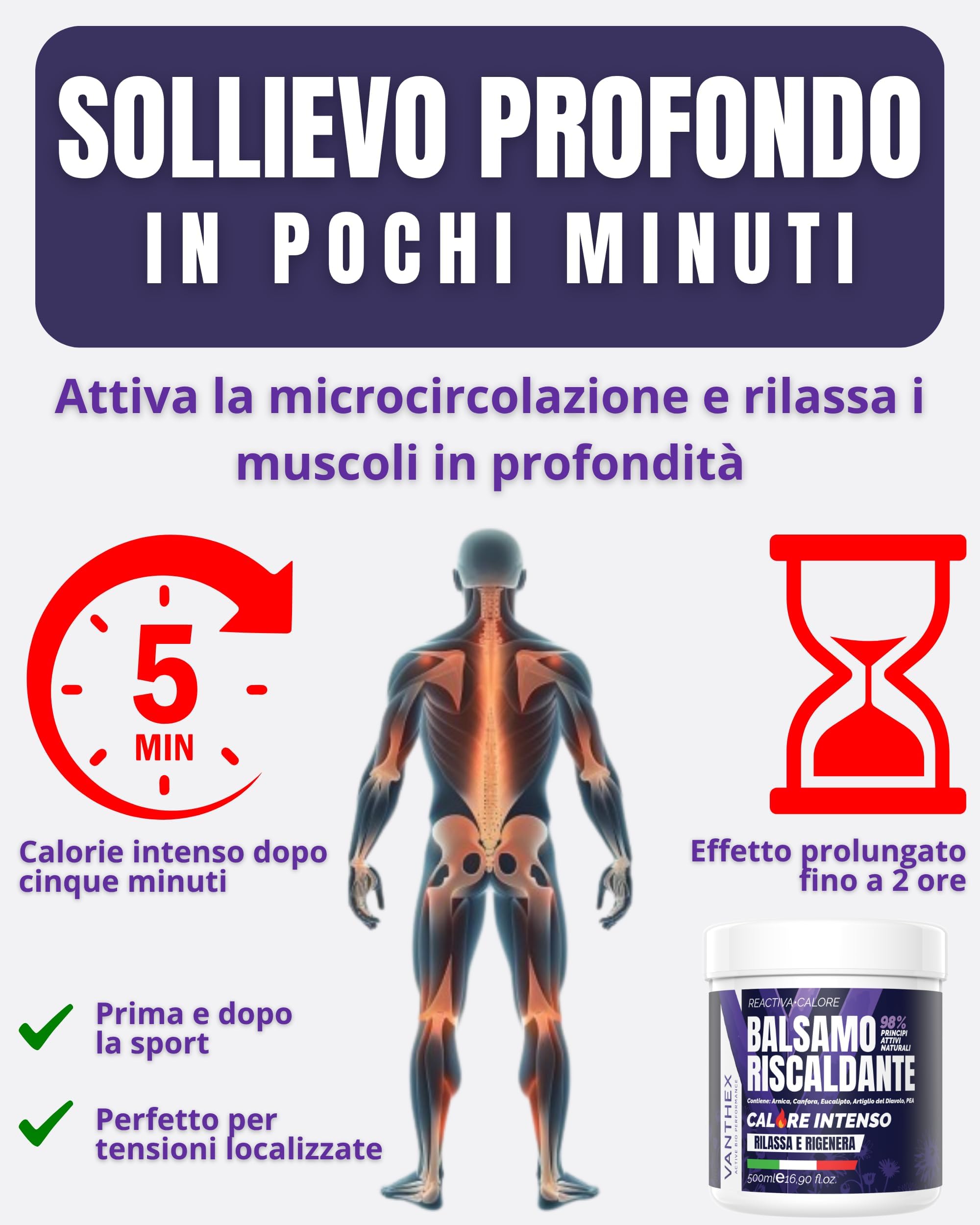 VANTHEX Crema Riscaldante Muscoli Sportiva 500ml con Arnica Gel Forte a Rapido Assorbimento per un Sollievo Naturale ideale per Pre Post Allenamento, Calore Progressivo, Non Untuoso