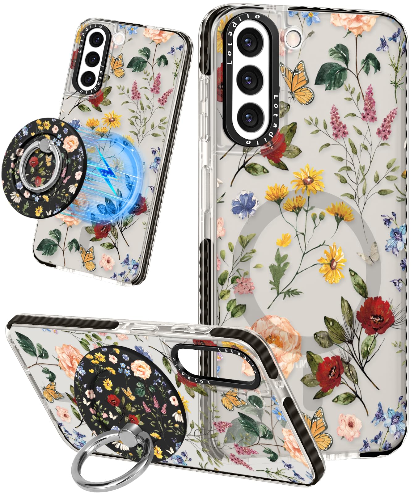 Lotadilo Cute Case for Samsung Galaxy S22 for Women Girls - Funny Design Compatible with Magsafe Magnetic Ring Holder Kickstand Art Retro Flower