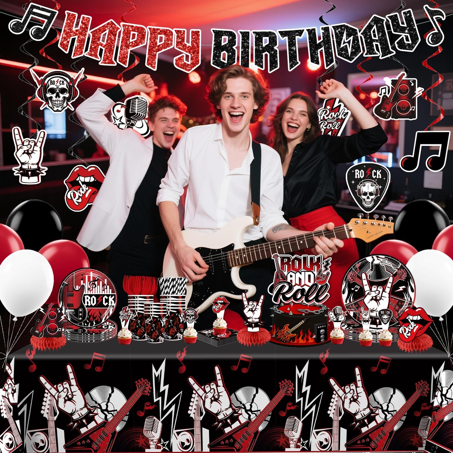 Xynic Rock and Roll Party Decorations, 207 PCS Rock n Roll Party Decorations Set with Plates, Cups, Napkins, Banner, 2 Tablecloths, Balloons, Music Birthday Decorations for Boys & Girls, Serves 25