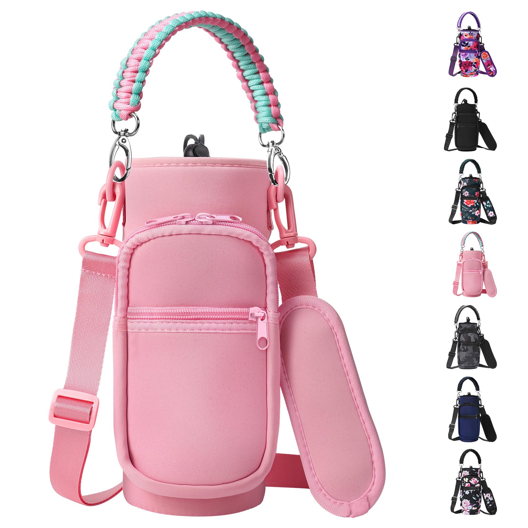 AceTreker 32/40/64/128 oz Neoprene Insulated Water Bottle Carrier Bag, Sling Bag Sleeve Pouch Holder with Strap & Paracord Handle and 2 Pocket for