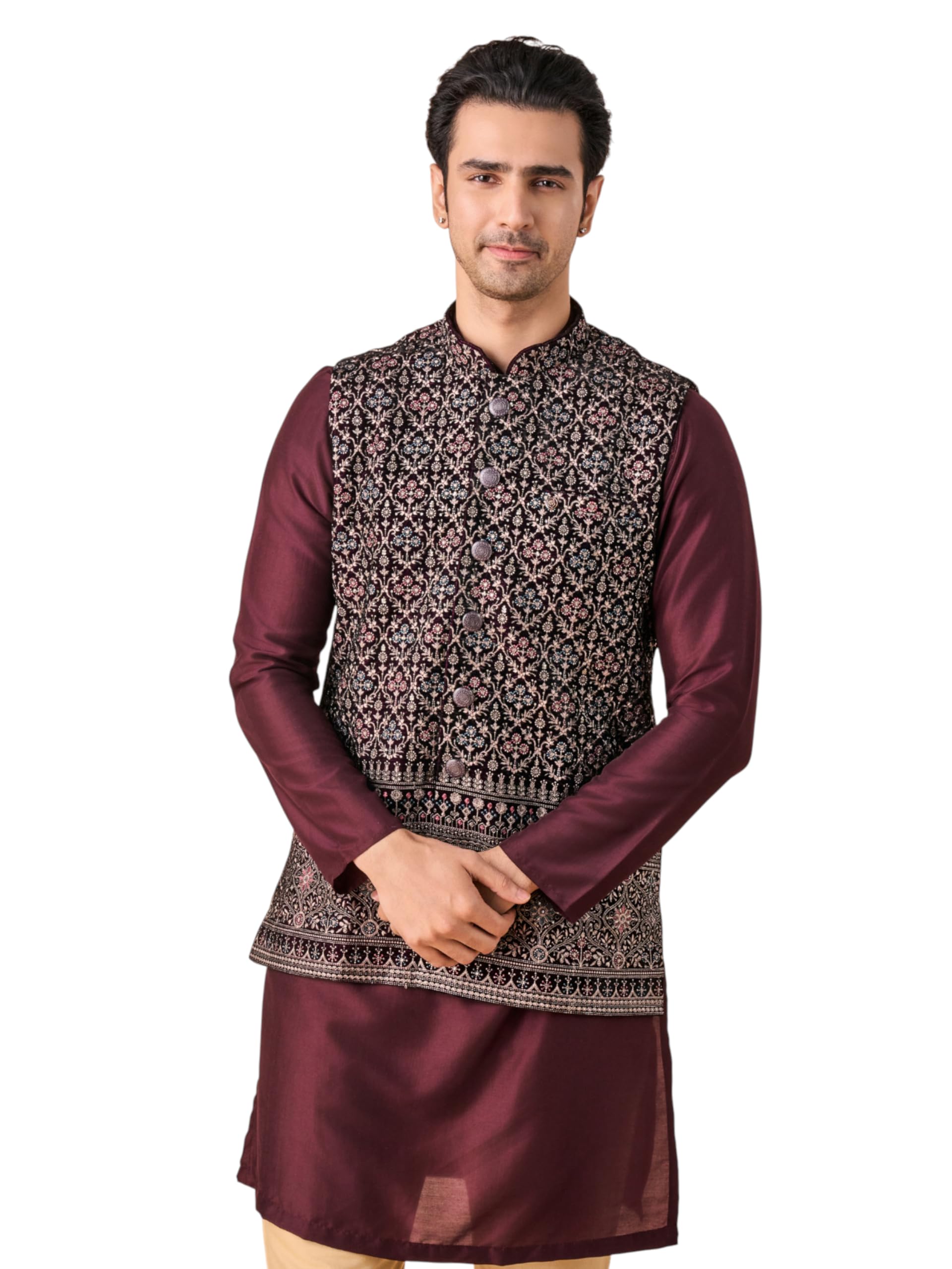manyavar Men's Velvet Detailed Thread Embroidery Traditional Nehru Jacket (1pc)-picture-12